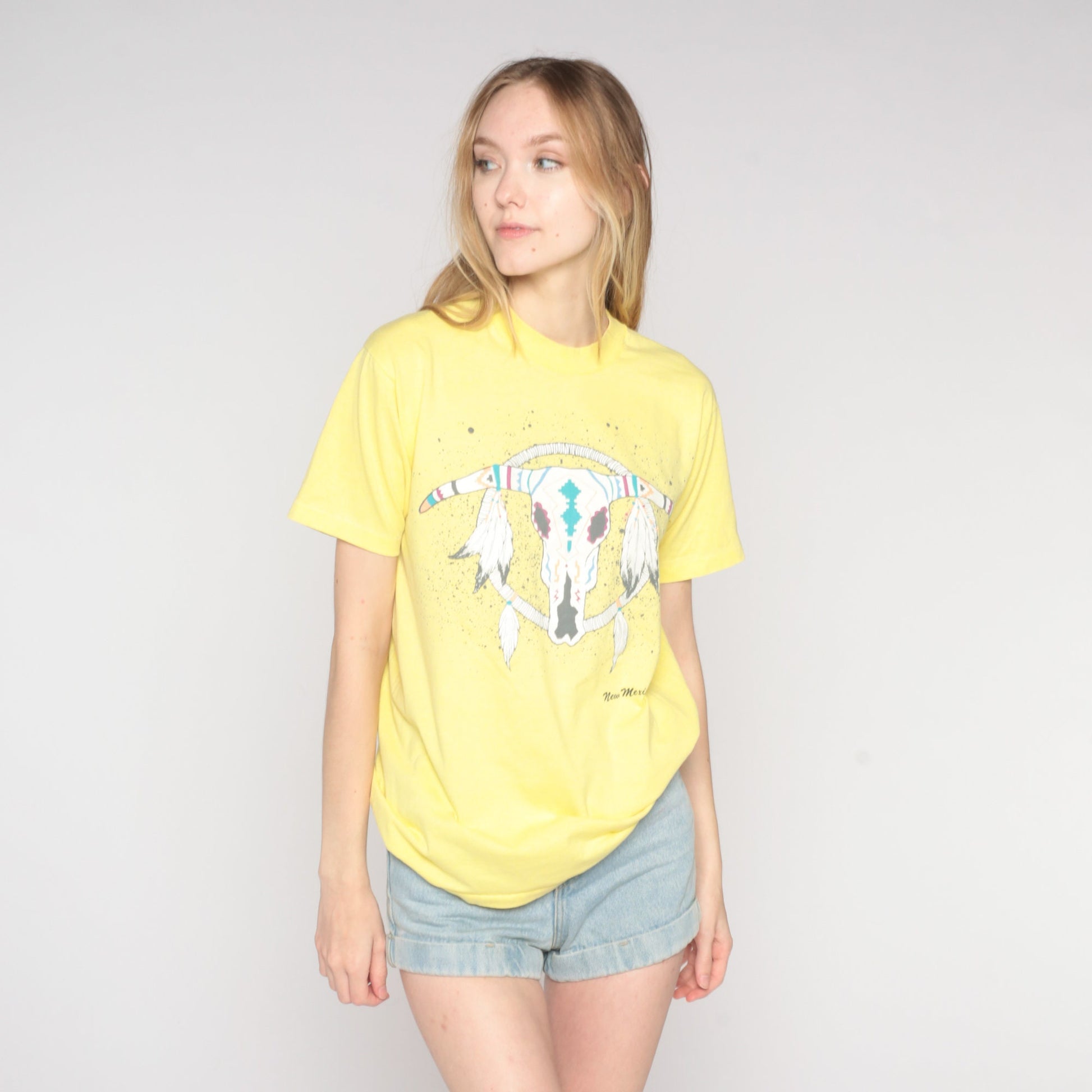 90s New Mexico Dreamcatcher Steer Skull Graphic Tee Yellow Medium