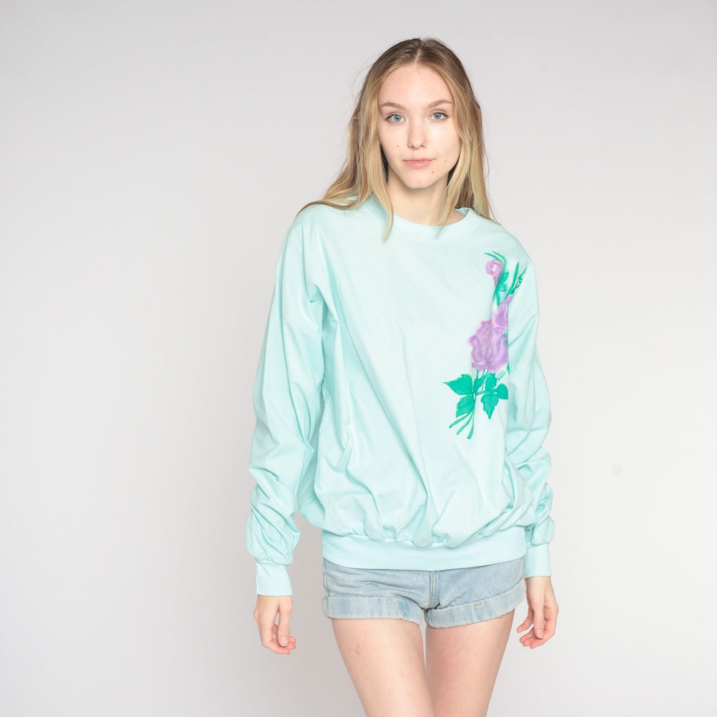 80s Airbrushed Rose Sweatshirt Mint Blue Floral Crewneck Extra Large XXL