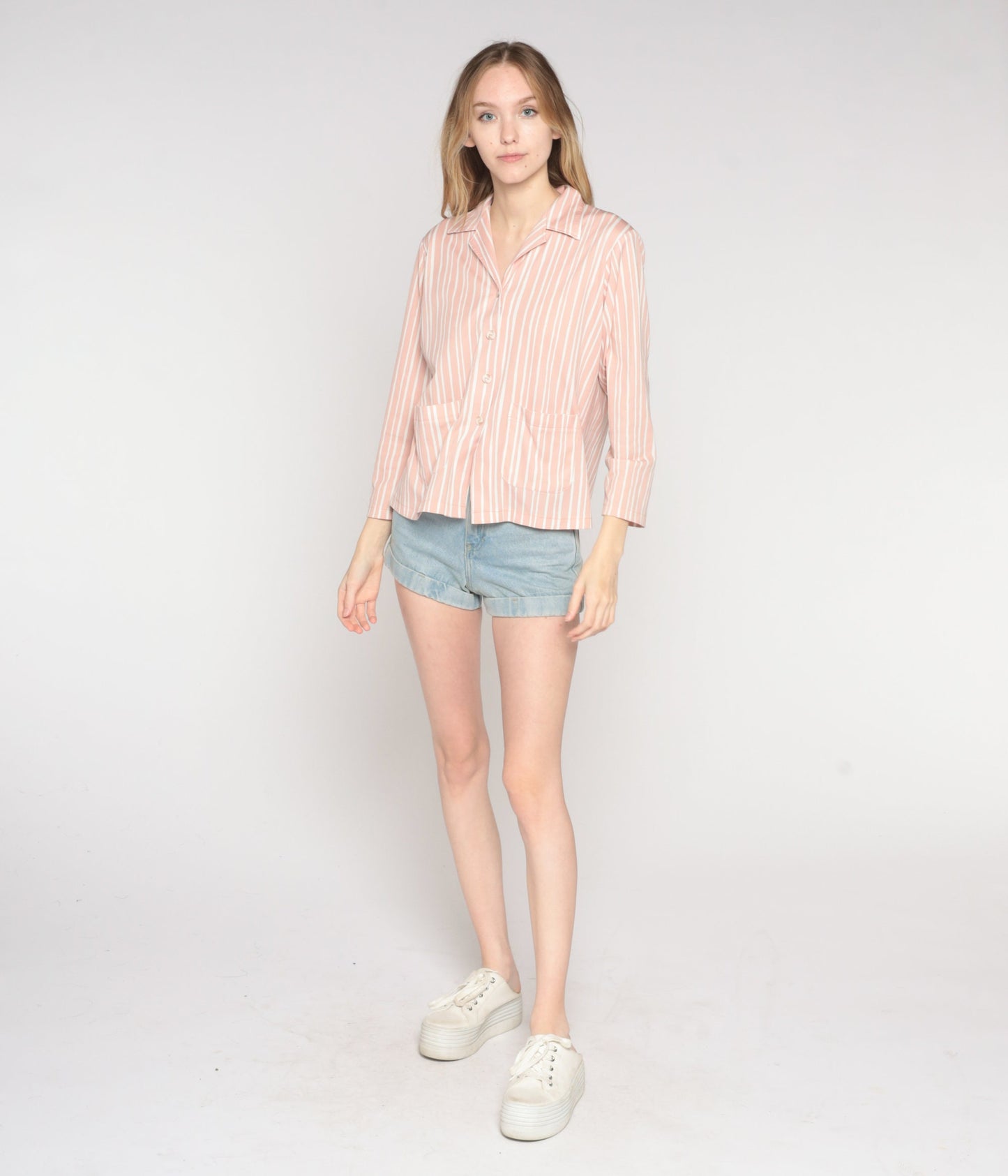 70s Pink White Striped Button-Up Blouse Long Sleeve Collared Pocket Shirt Large