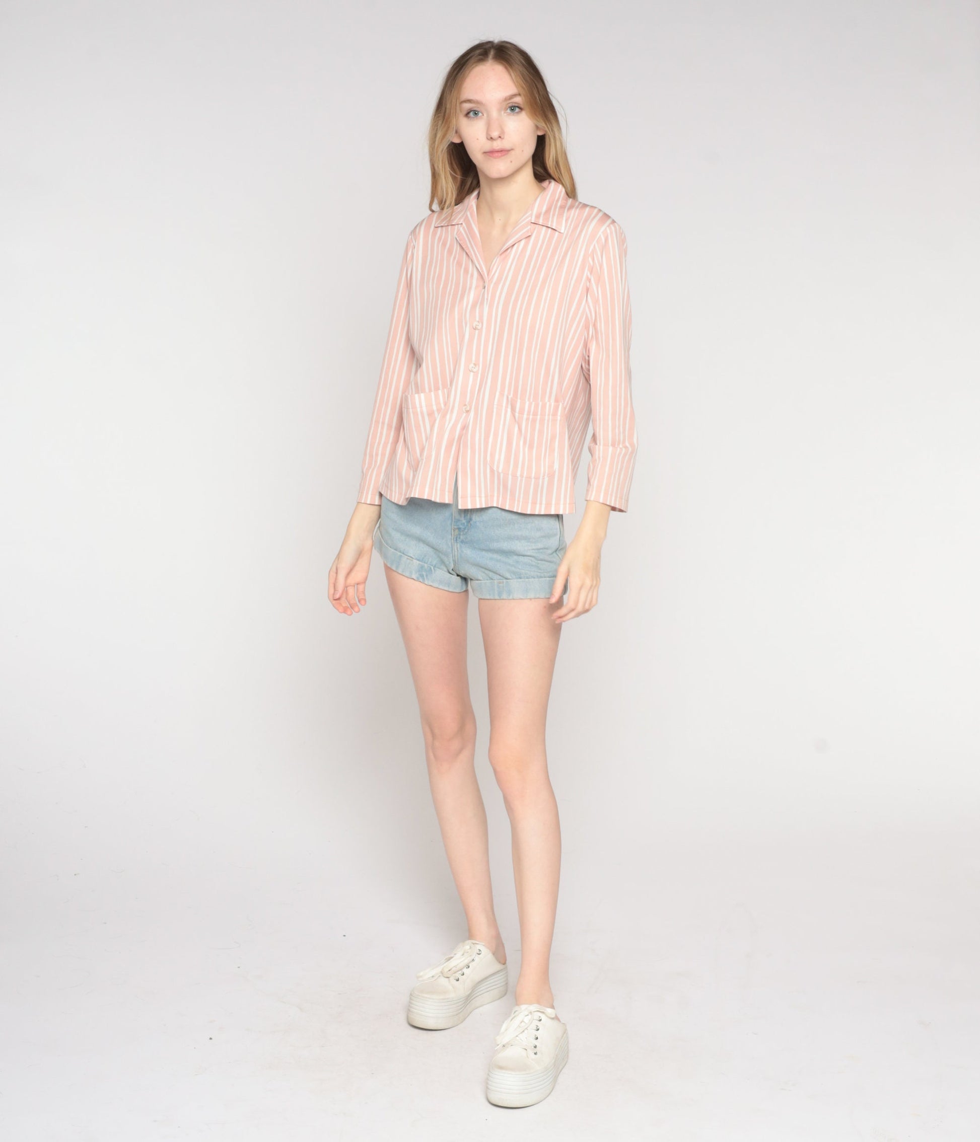 70s Pink White Striped Button-Up Blouse Long Sleeve Collared Pocket Shirt Large