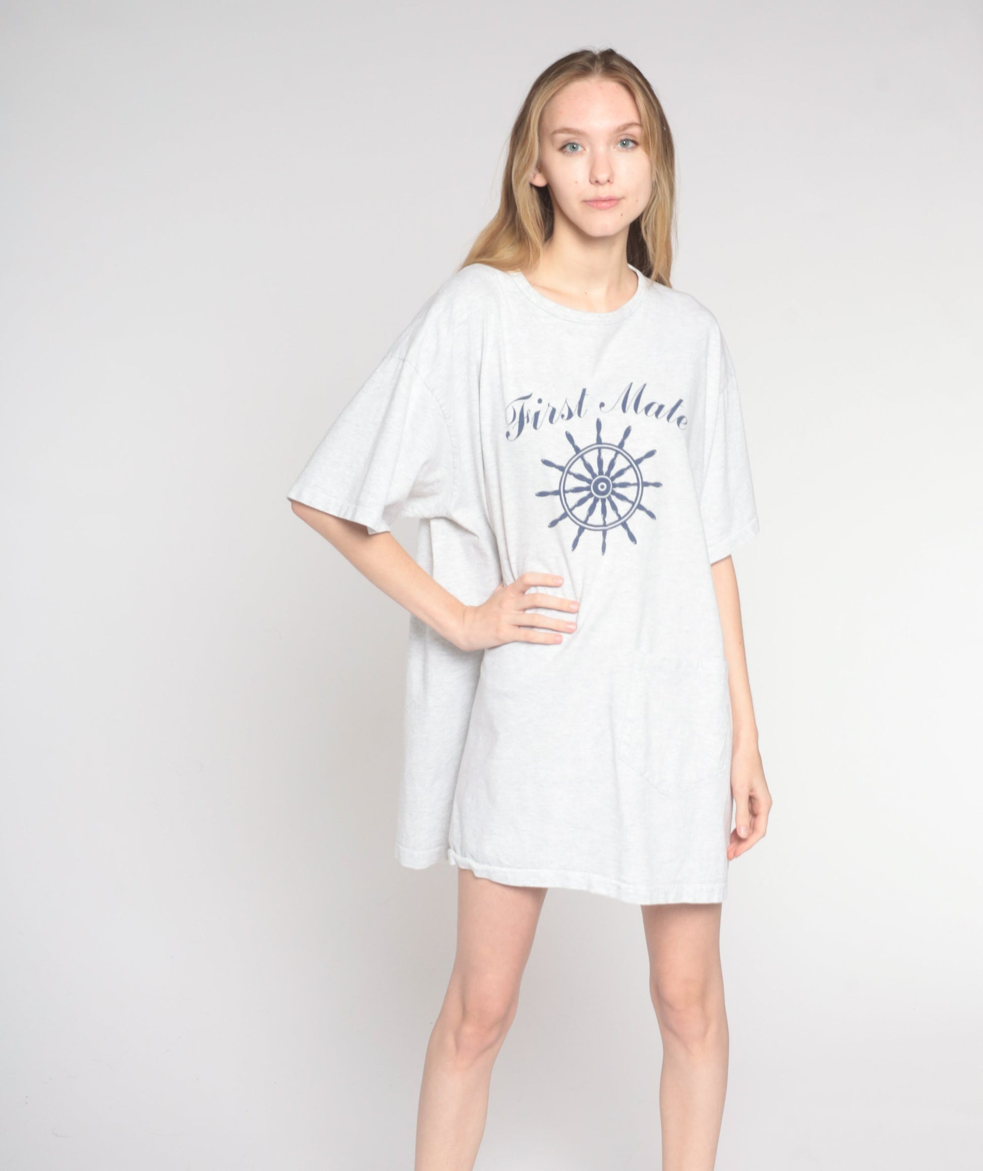 90s First Mate Nautical Graphic T-Shirt Dress Light Grey Cotton One Size
