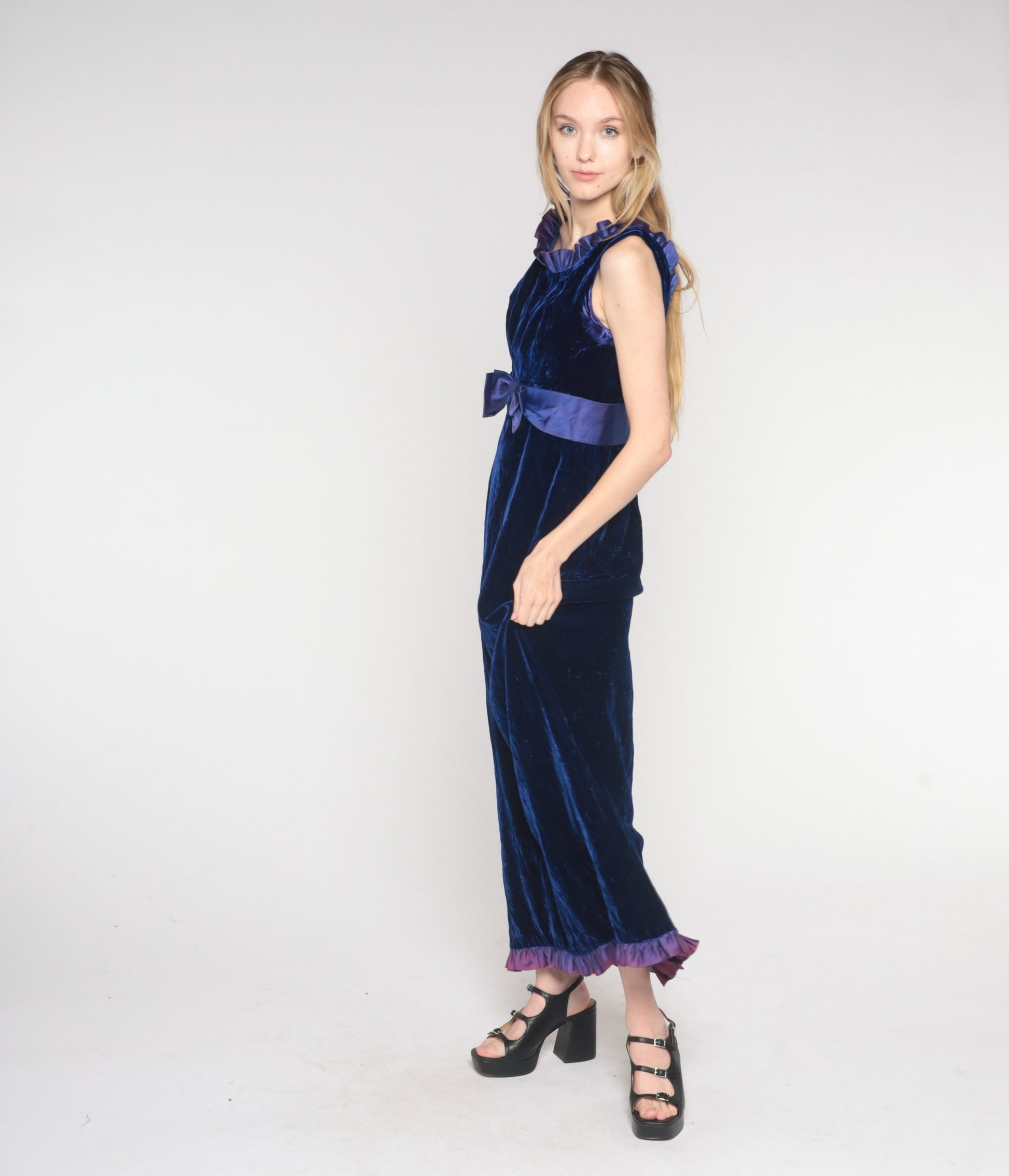 70s Indigo Velvet Maxi Dress Empire Waist Bow Ruffled Neckline Small S