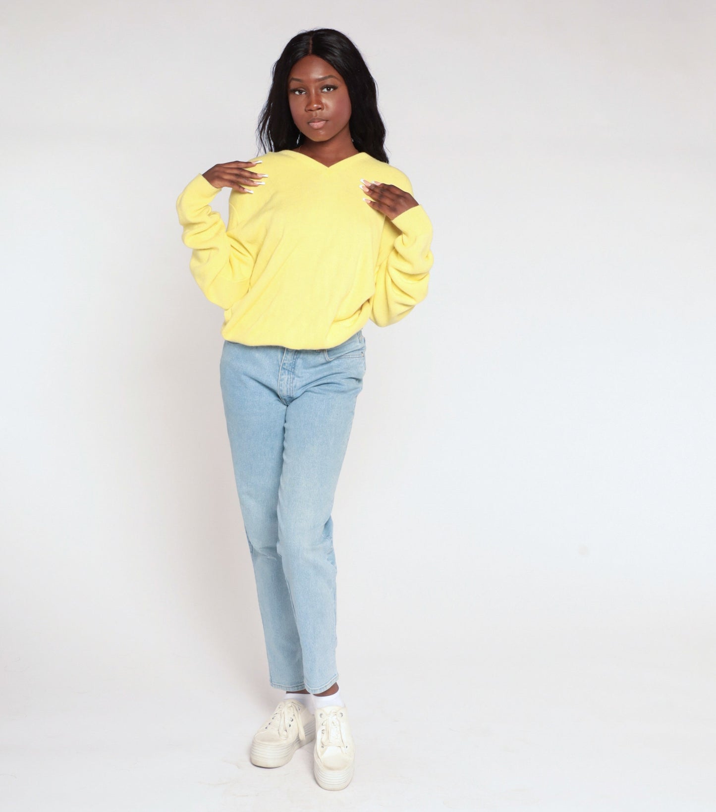 80s Yellow V-Neck Knit Sweater Extra Large XXL