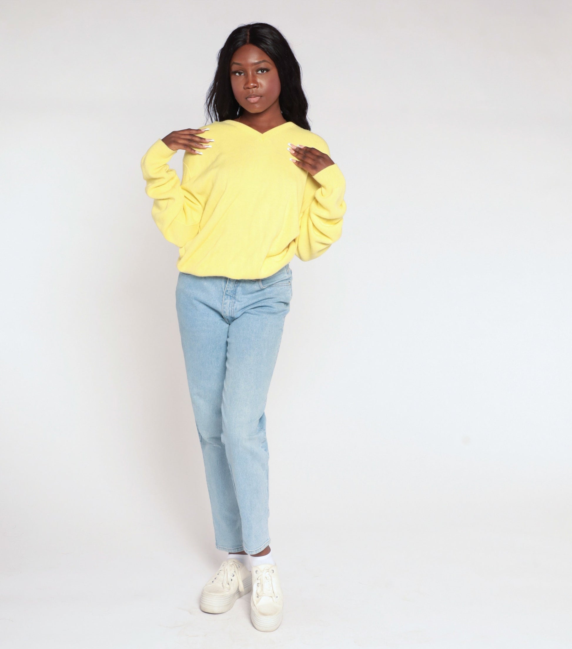 80s Yellow V-Neck Knit Sweater Extra Large XXL