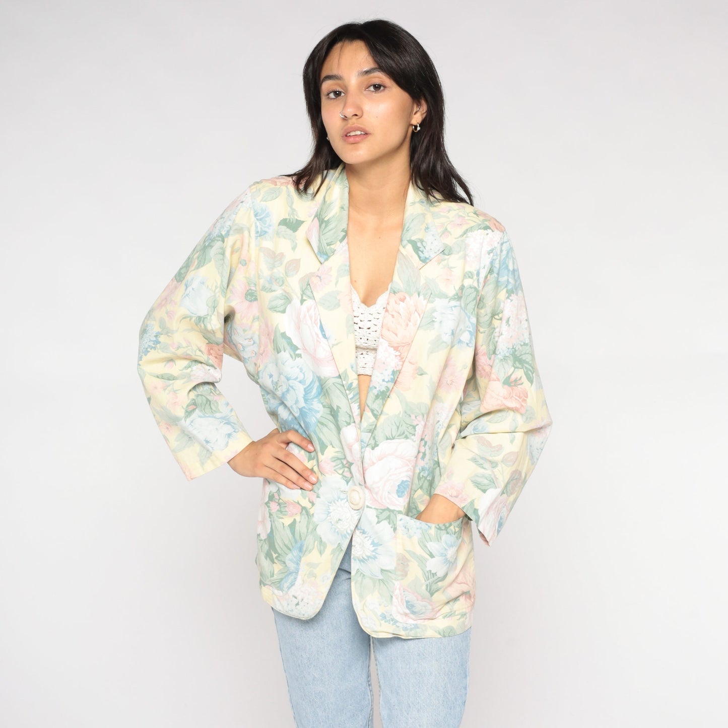 90s Floral Blazer Yellow Pastel Flower Print Single Button Jacket Large