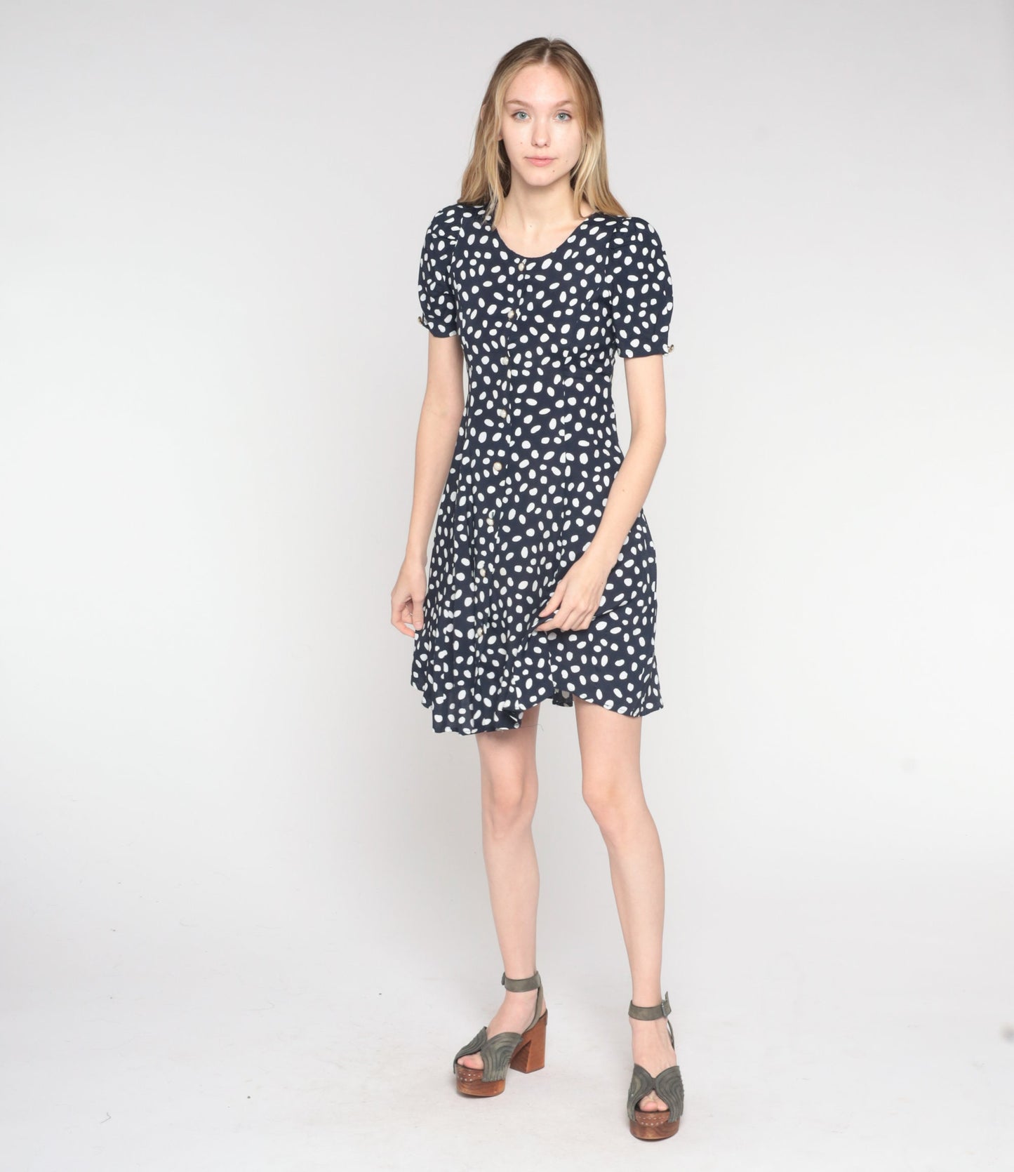 90s Navy Polka Dot Puff Sleeve Mini Dress Button Up Rayon Extra Small