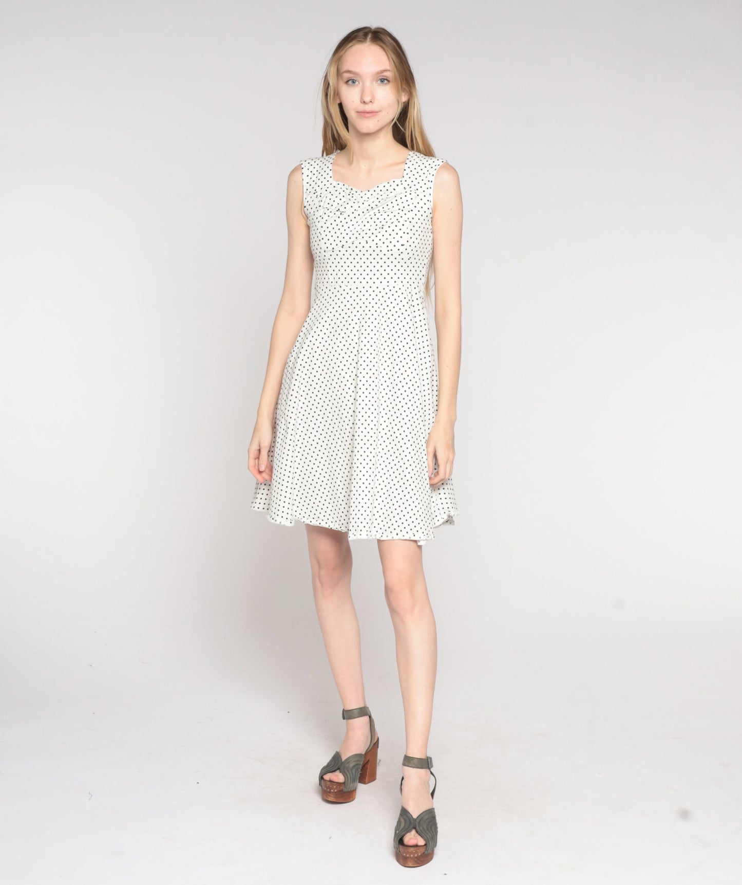 Y2K Polka Dot Mini Dress White Black Sweetheart Neckline Fit Flare Small S