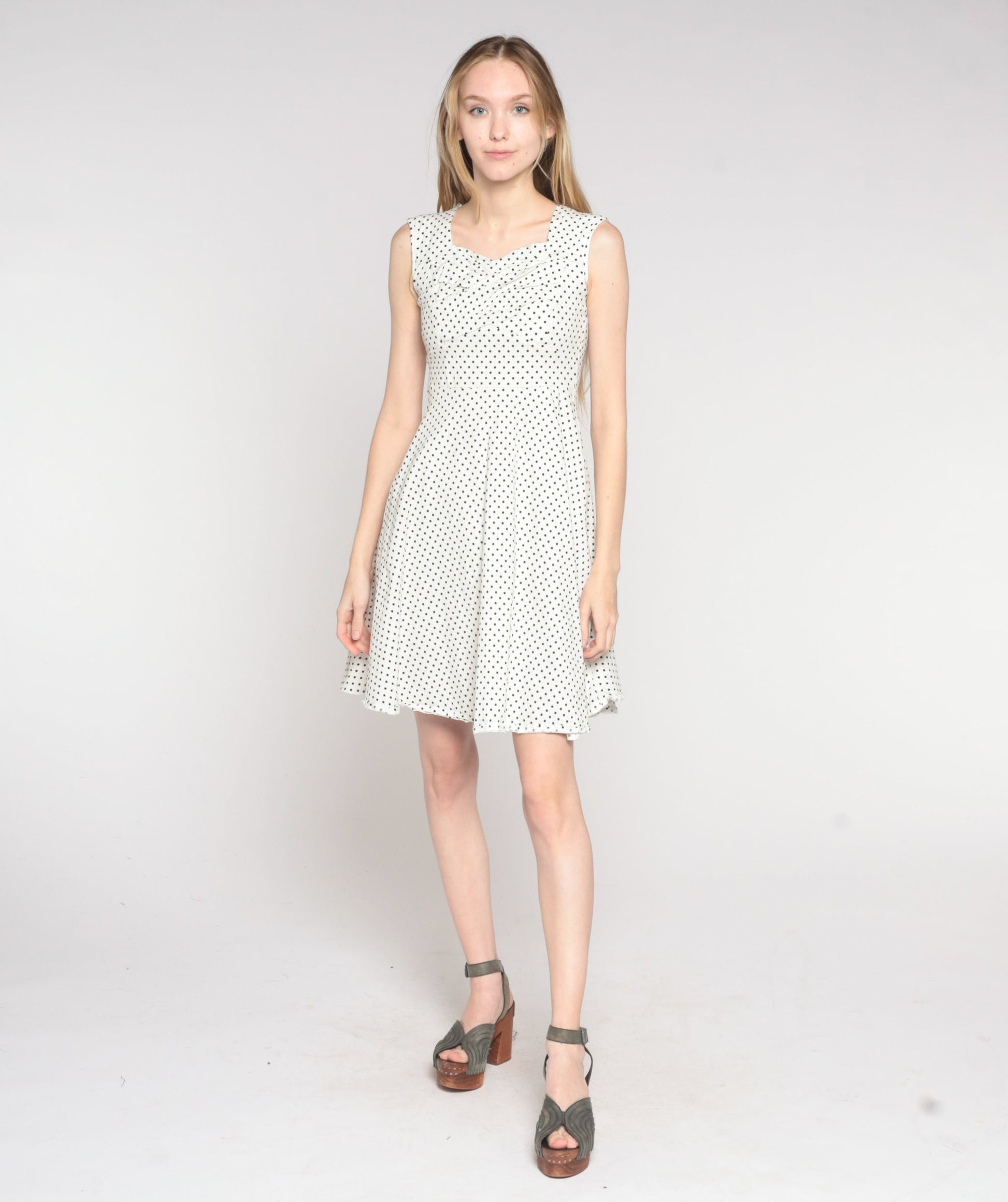 Y2K Polka Dot Mini Dress White Black Sweetheart Neckline Fit Flare Small S