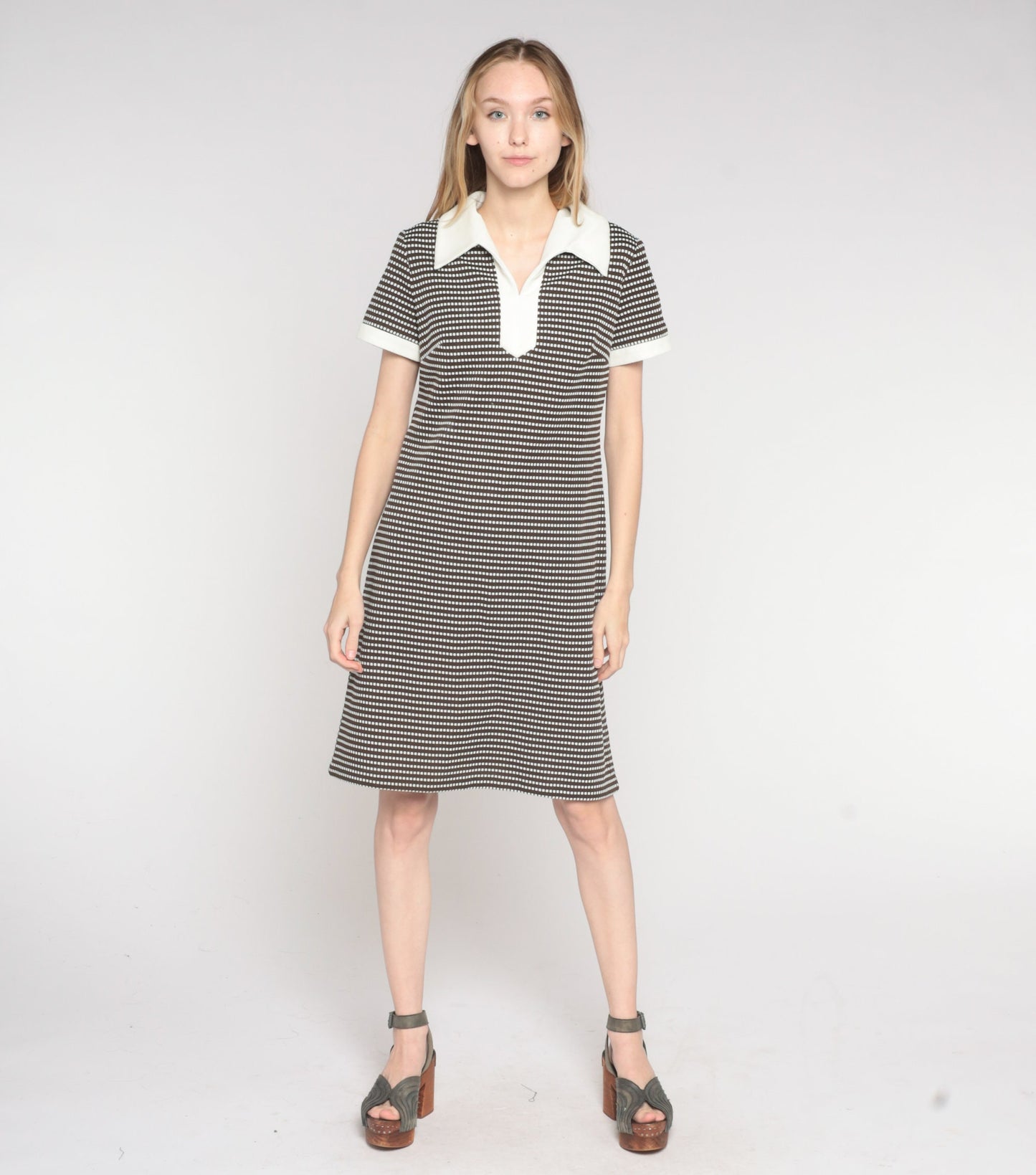 60s Shift Dress Mod Mini Brown White Striped Dot Print Collar Medium