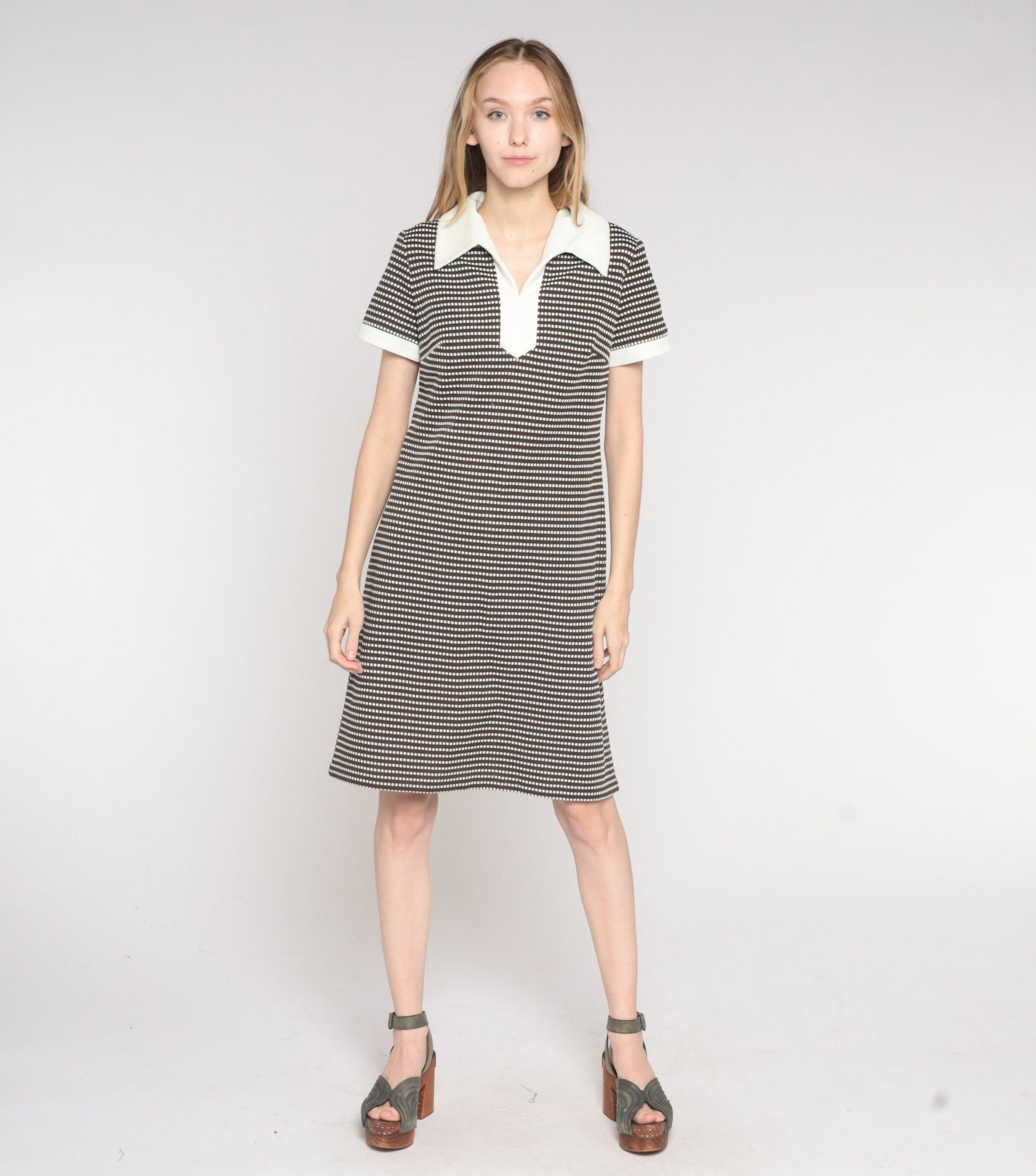 60s Shift Dress Mod Mini Brown White Striped Dot Print Collar Medium