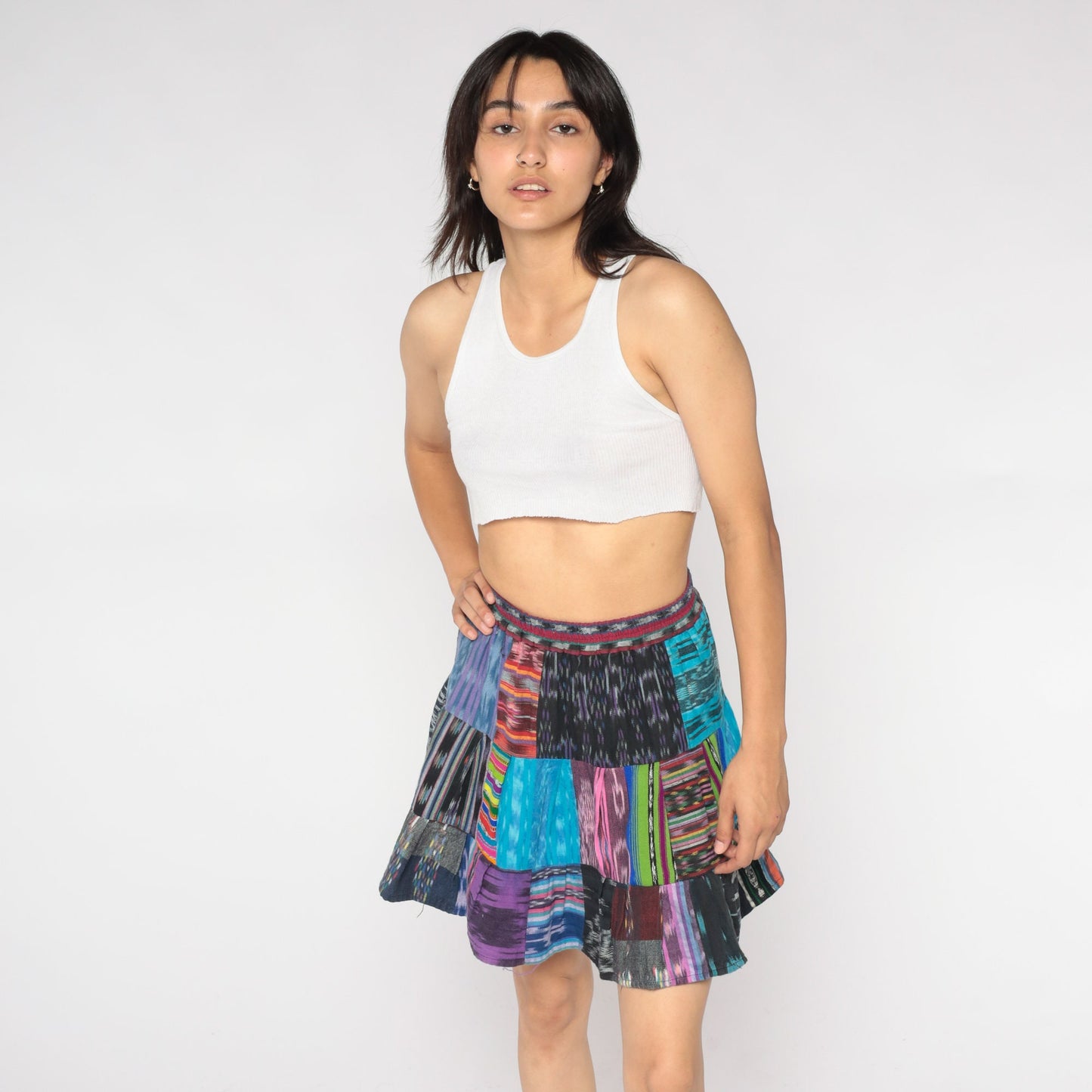 Y2K Patchwork Mini Skirt High Waist Tiered Cotton Extra Small