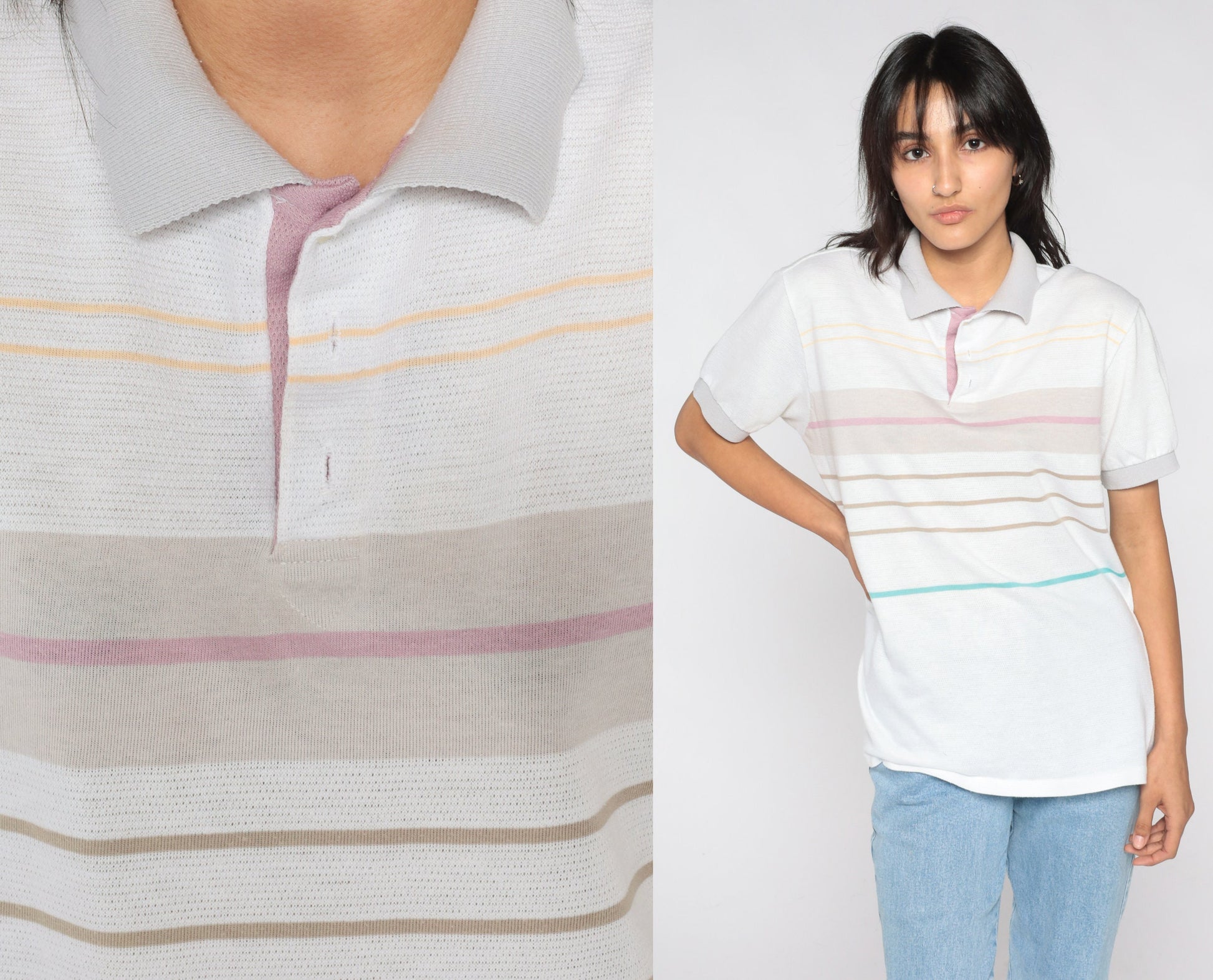 80s Striped Polo Shirt White Multicolor Collared Short Sleeve Medium Large