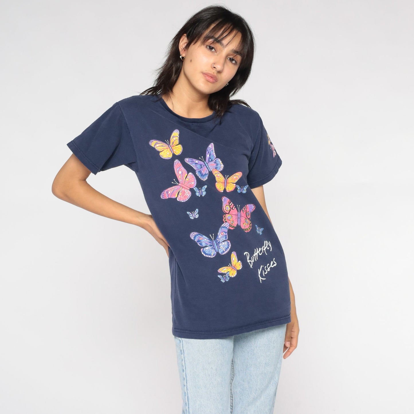 90s Butterfly Kisses Graphic T-Shirt Blue Nature Print Small S