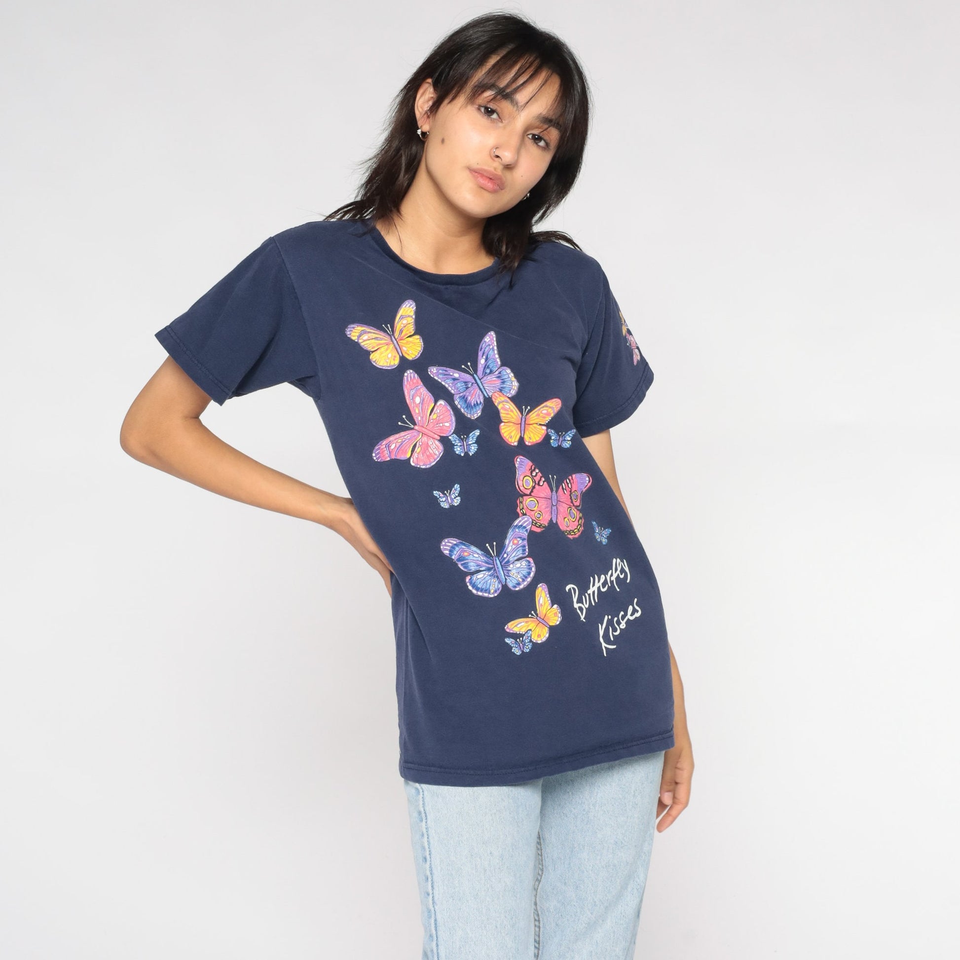 90s Butterfly Kisses Graphic T-Shirt Blue Nature Print Small S