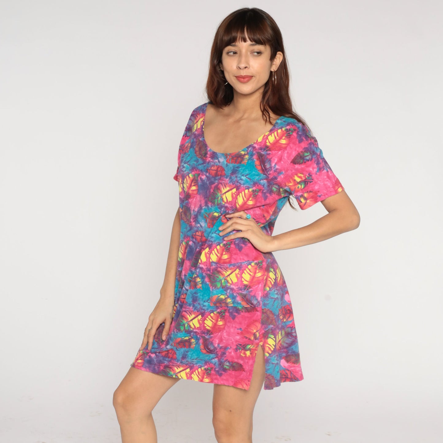 Y2K Tie Dye Leaf Print T-Shirt Dress Pink Blue Mini Short Sleeve Medium M