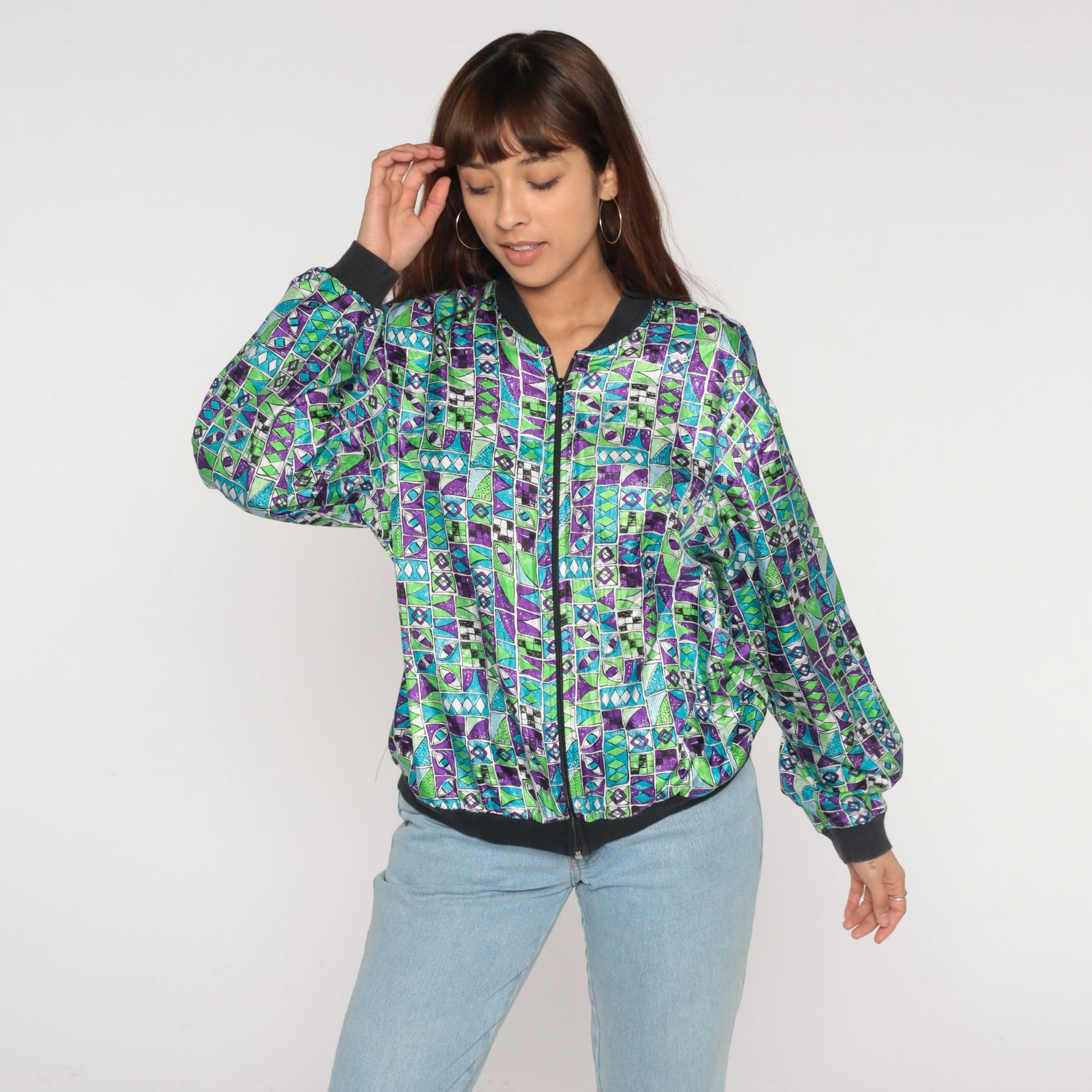 90s Geometric Bomber Jacket Blue Green Purple Zip Windbreaker Men's Medium