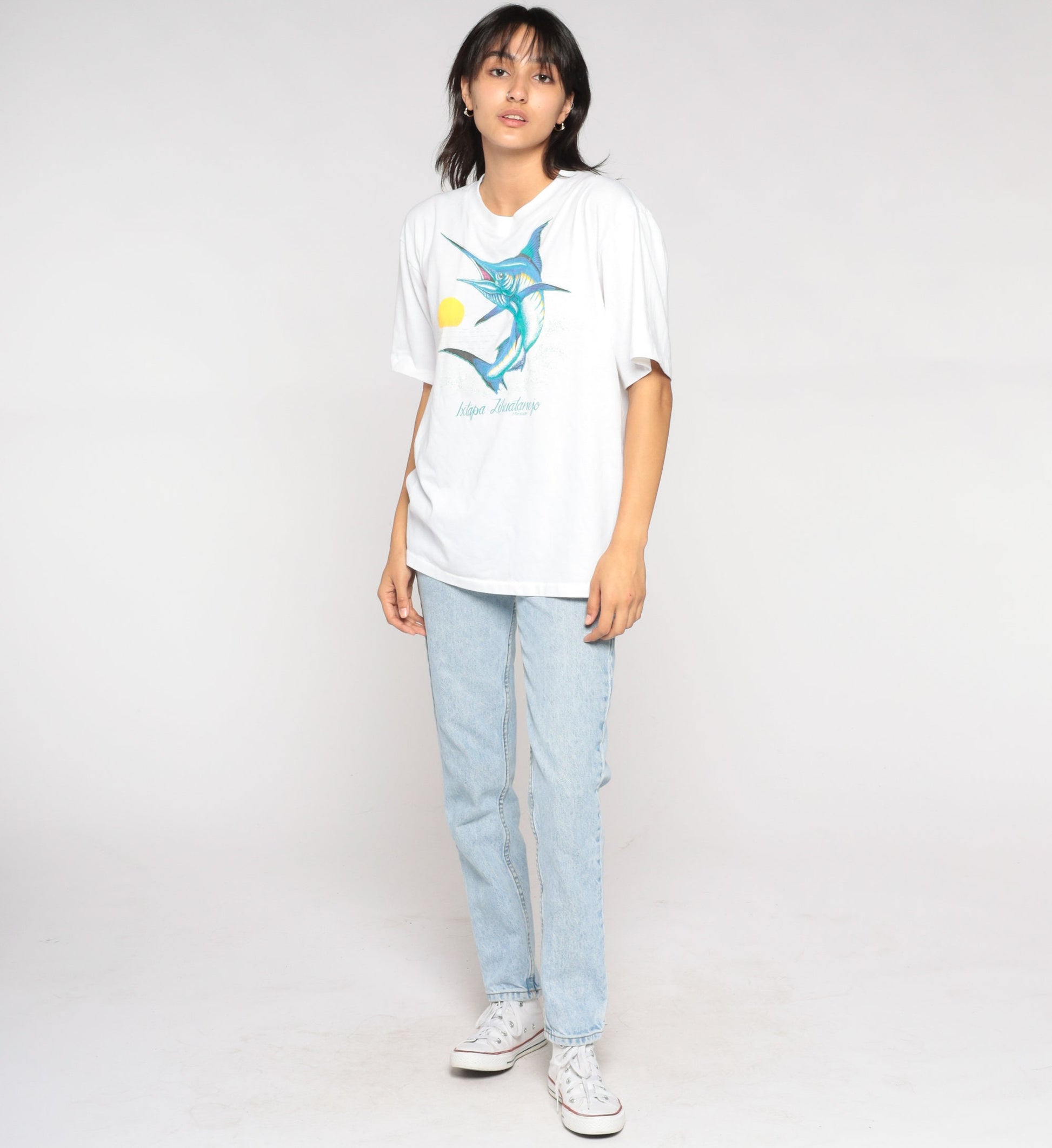 90s Swordfish Graphic T-Shirt Ixtapa Zihuatanejo Mexico White Single Stitch Medium