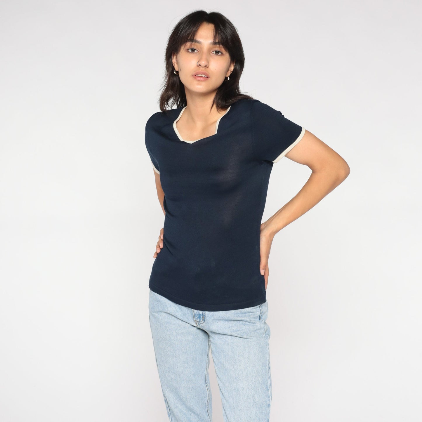 00s Navy Silk Knit Top Short Sleeve White Trim Small S
