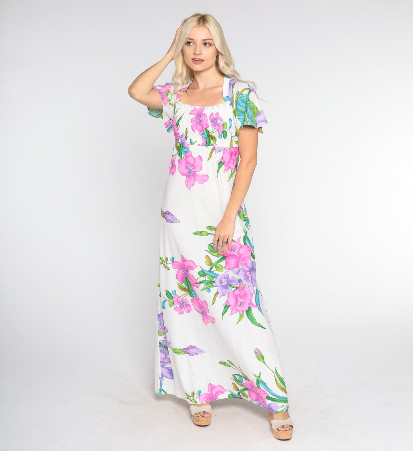 70s Tropical Floral White Maxi Dress Smocked Flutter Sleeve Empire Waist Small Medium