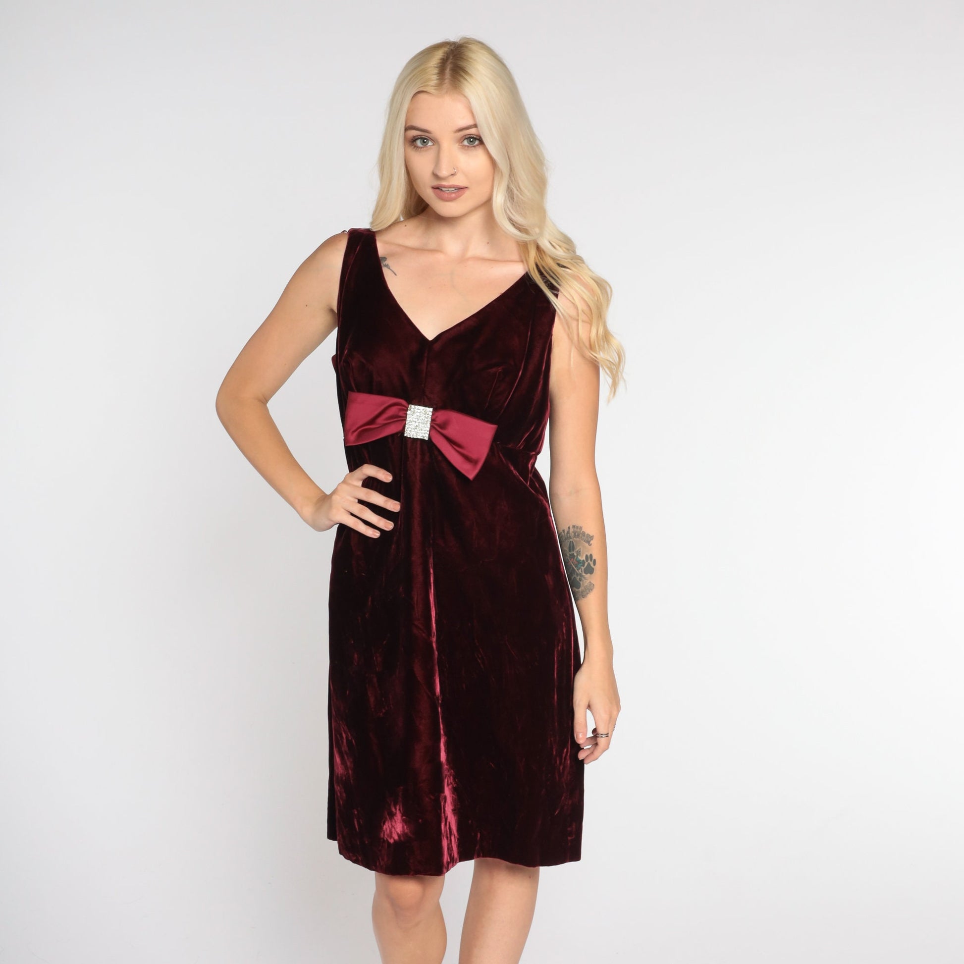 60s Red Velvet Mini Dress Rhinestone Bow V Neck Low Back Small