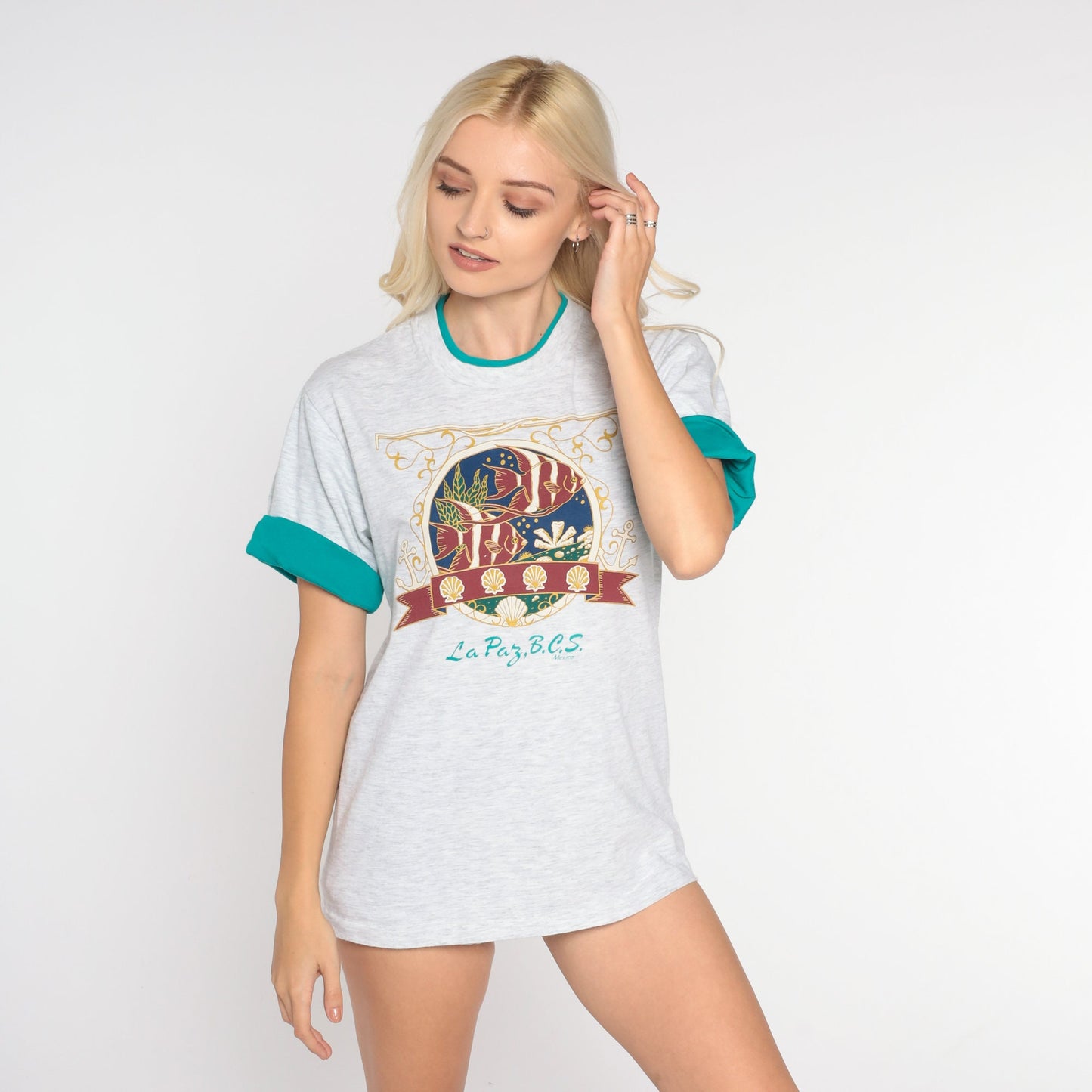 90s La Paz Baja California Tropical Fish Graphic Tee Grey Cuffed Sleeve Small