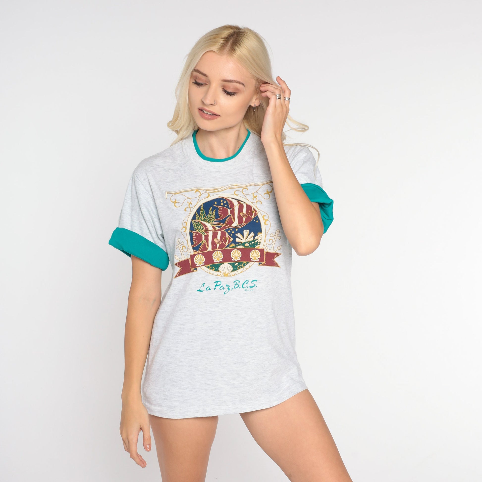 90s La Paz Baja California Tropical Fish Graphic Tee Grey Cuffed Sleeve Small