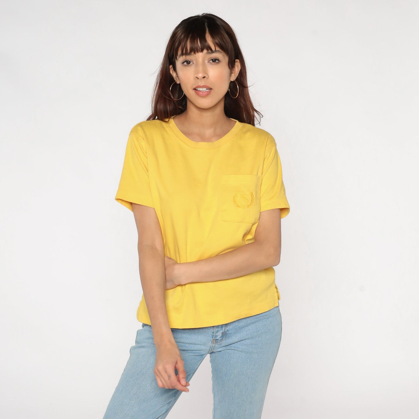 90s Yellow Cotton T-Shirt Embroidered Crest Pocket Tee Small