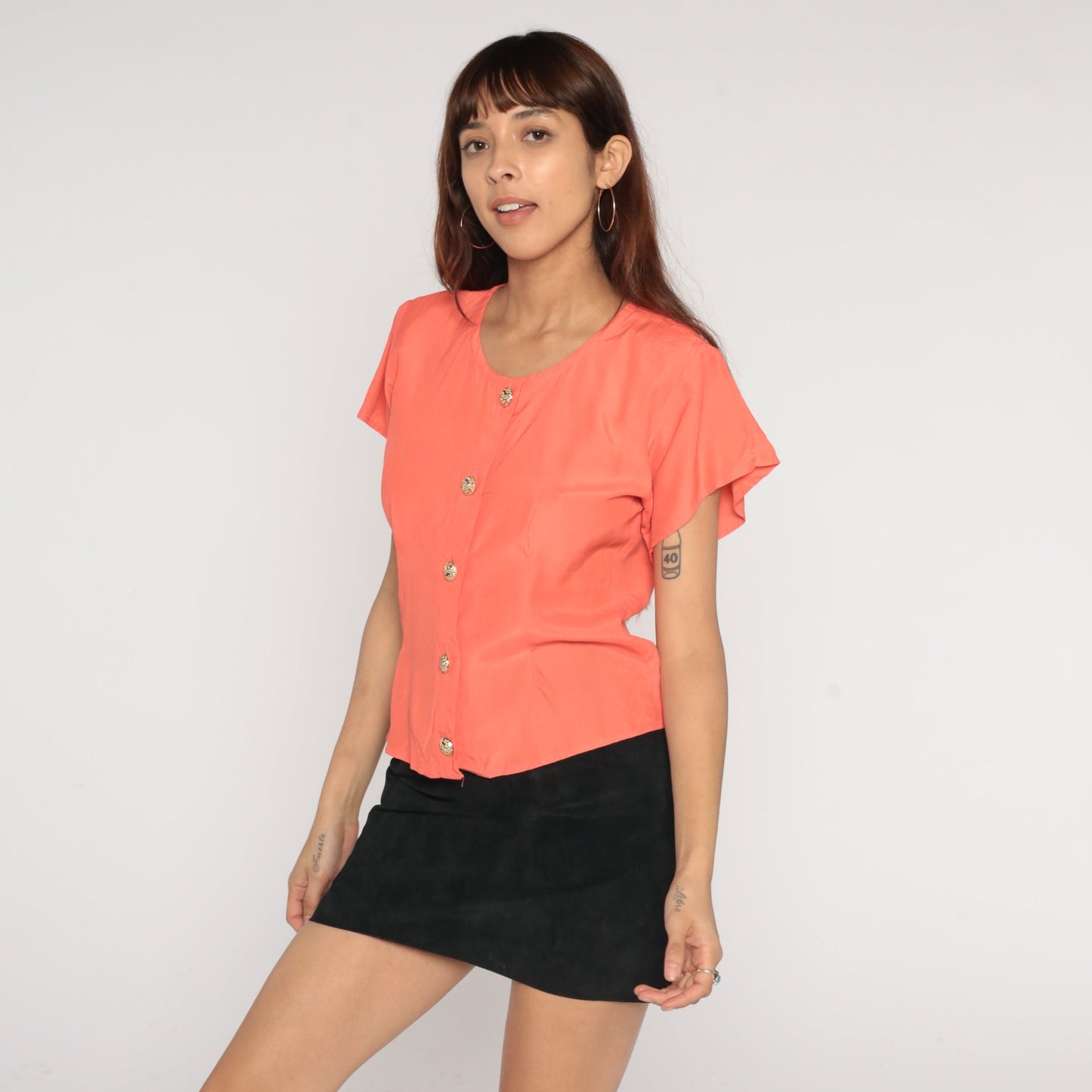 90s Anxiety Peach Button-Up Blouse Short Sleeve Golden Buttons Small S