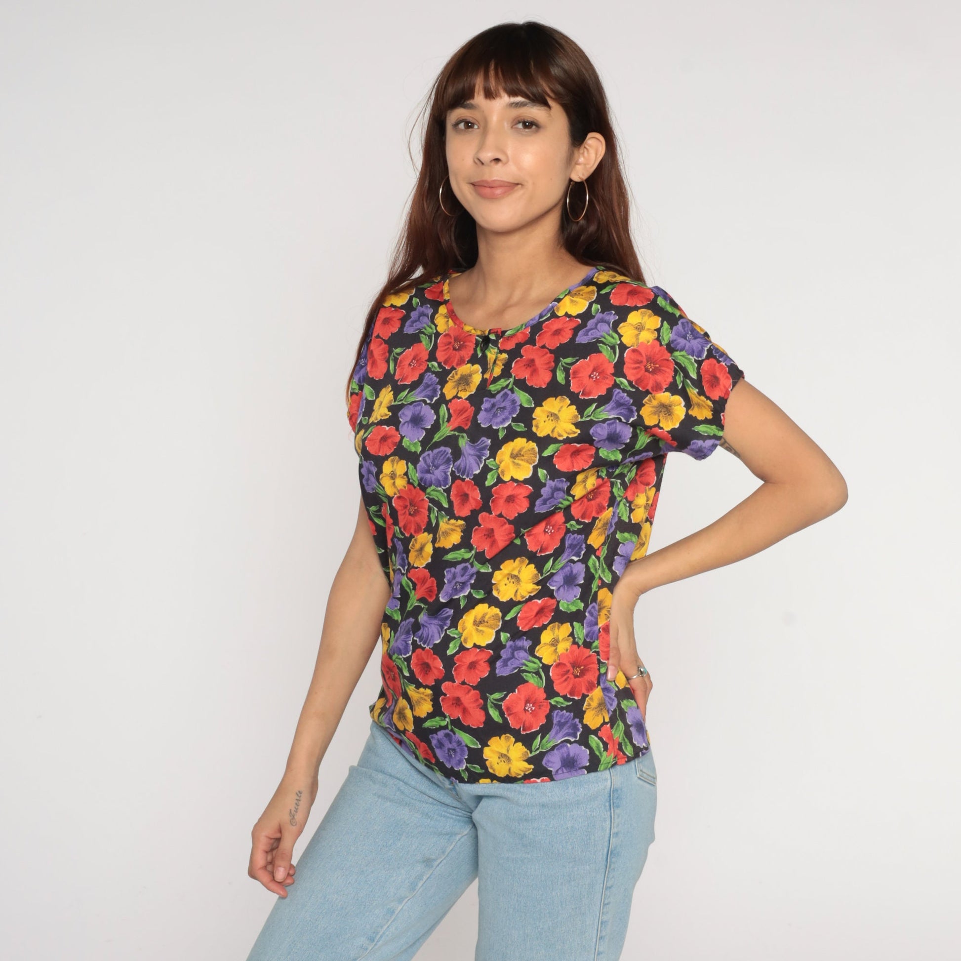 90s Black Floral Print Shirt Short Sleeve Henley Medium M