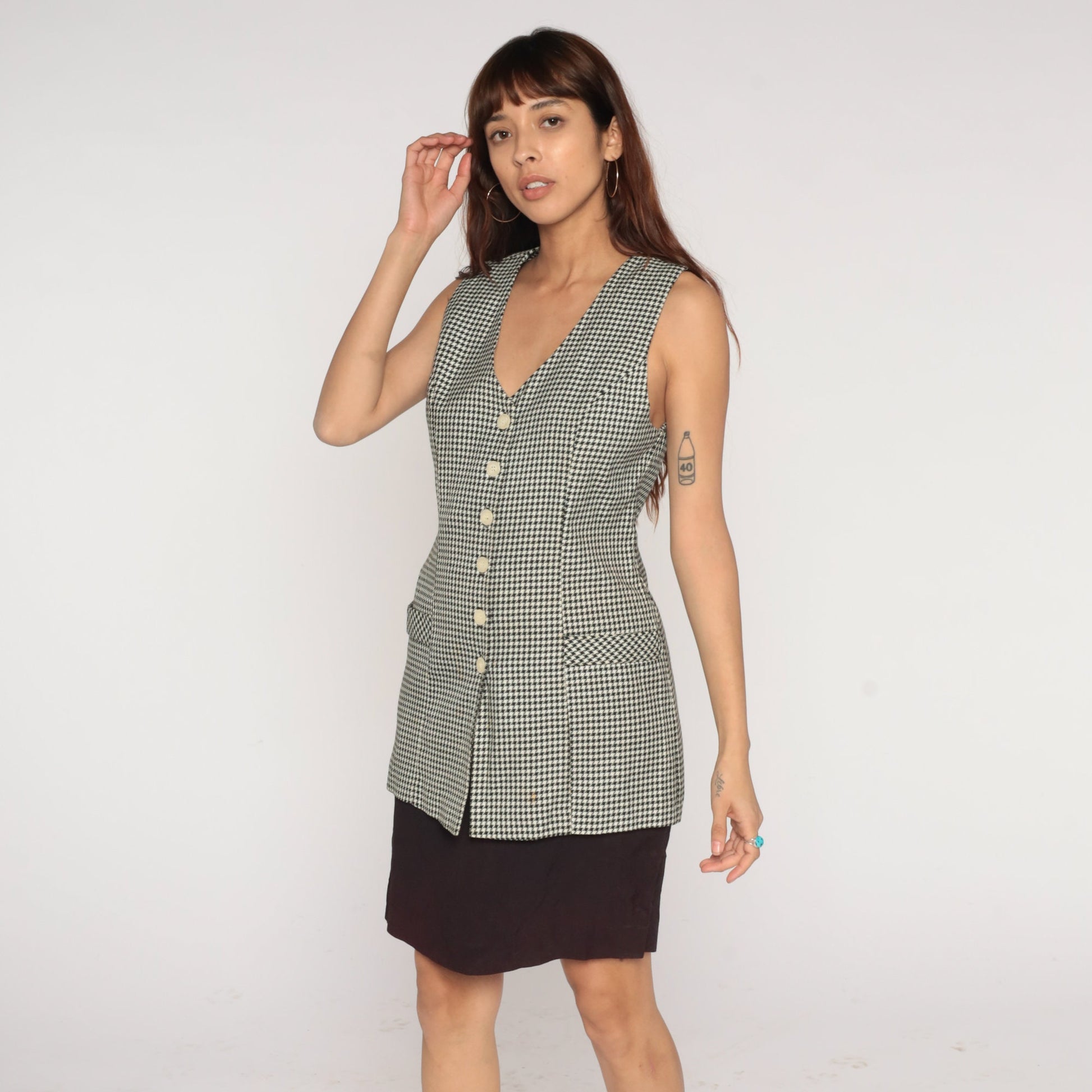 90s Houndstooth Mini Dress with Attached Vest Black White Checkered Small S