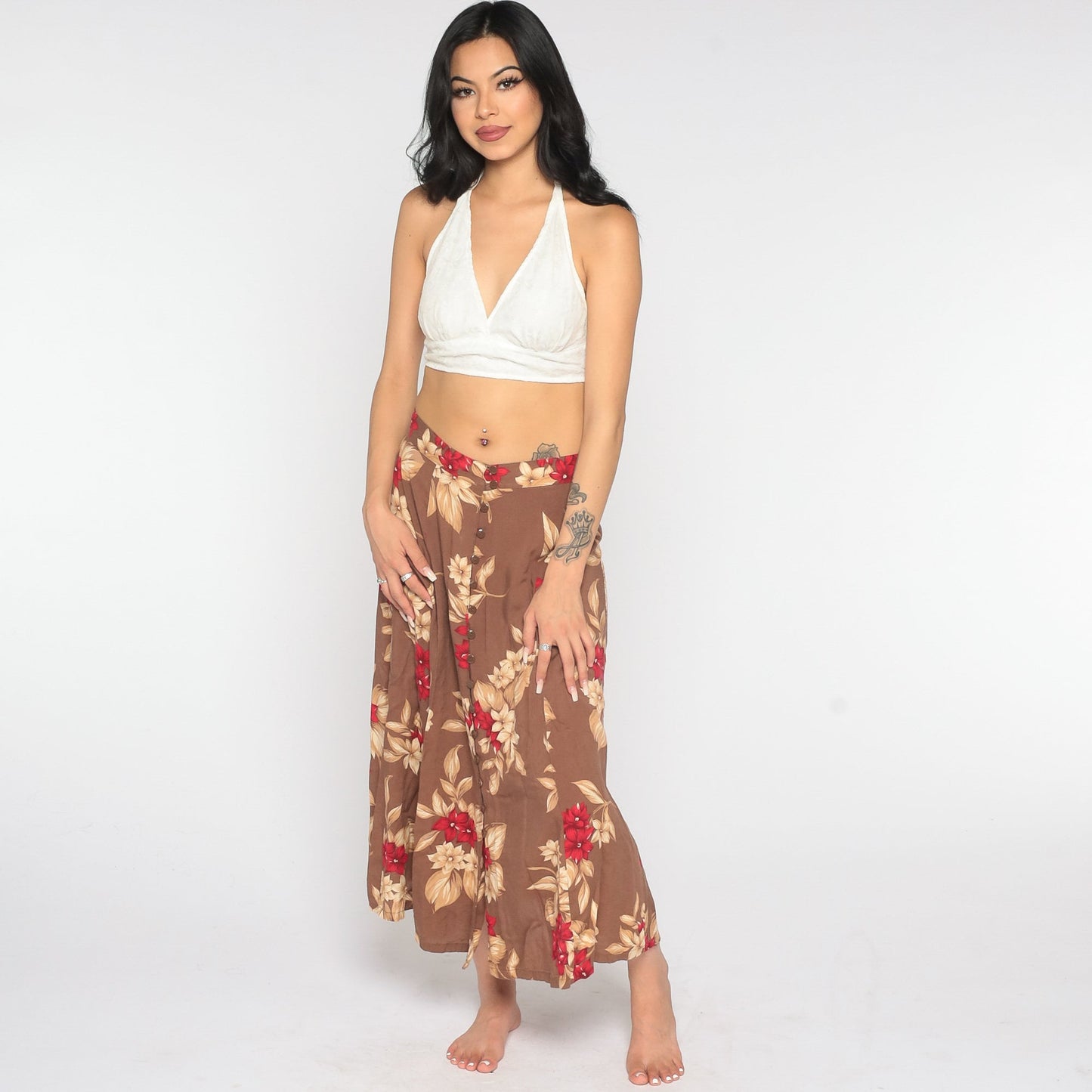 90s Brown Floral Button-Front Maxi Skirt Small Medium