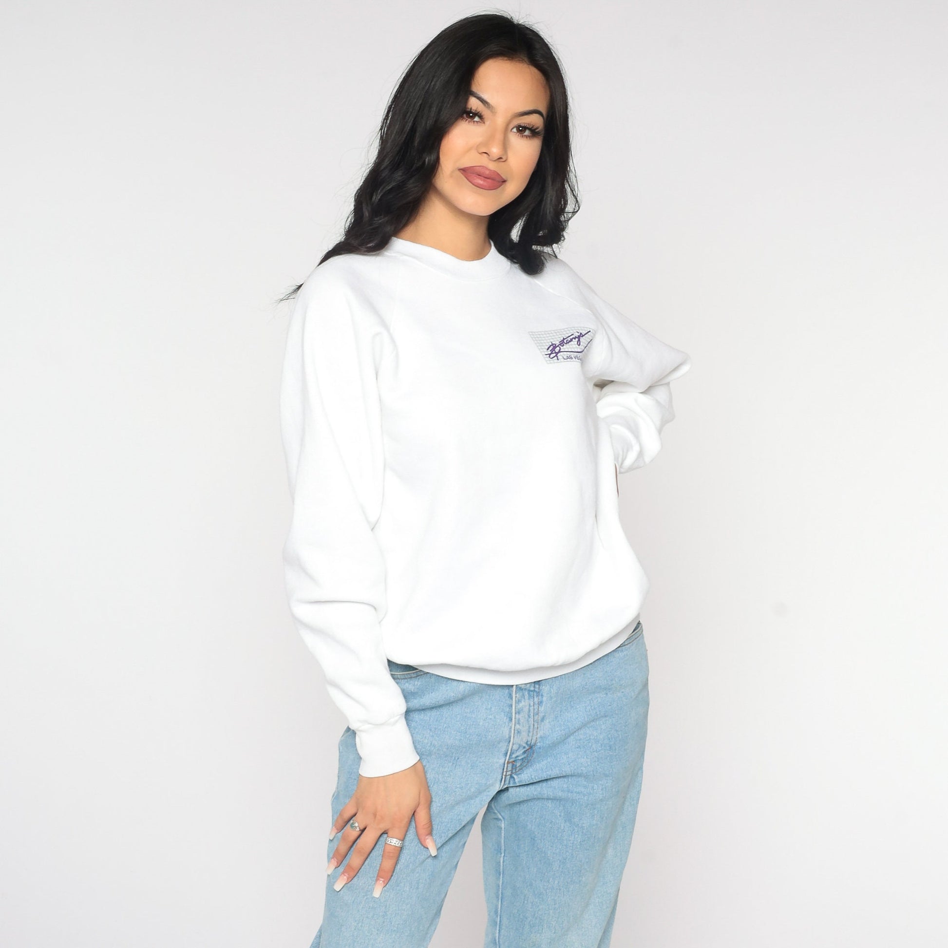 80s Botany's Las Vegas Nightclub Sweatshirt White Raglan Graphic Large