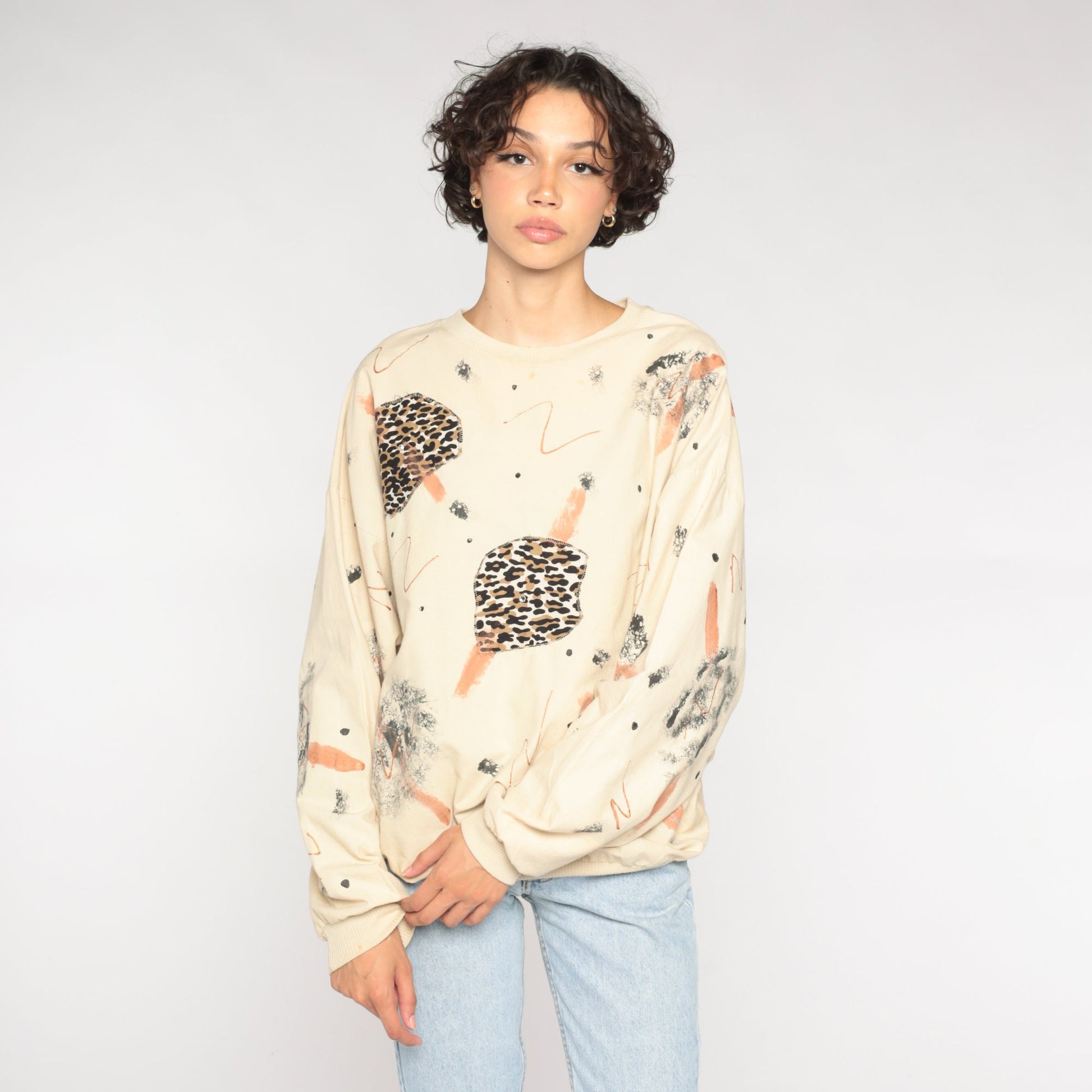 80s Animal Print Abstract Brushstroke Long Sleeve Shirt Cream Cotton Large
