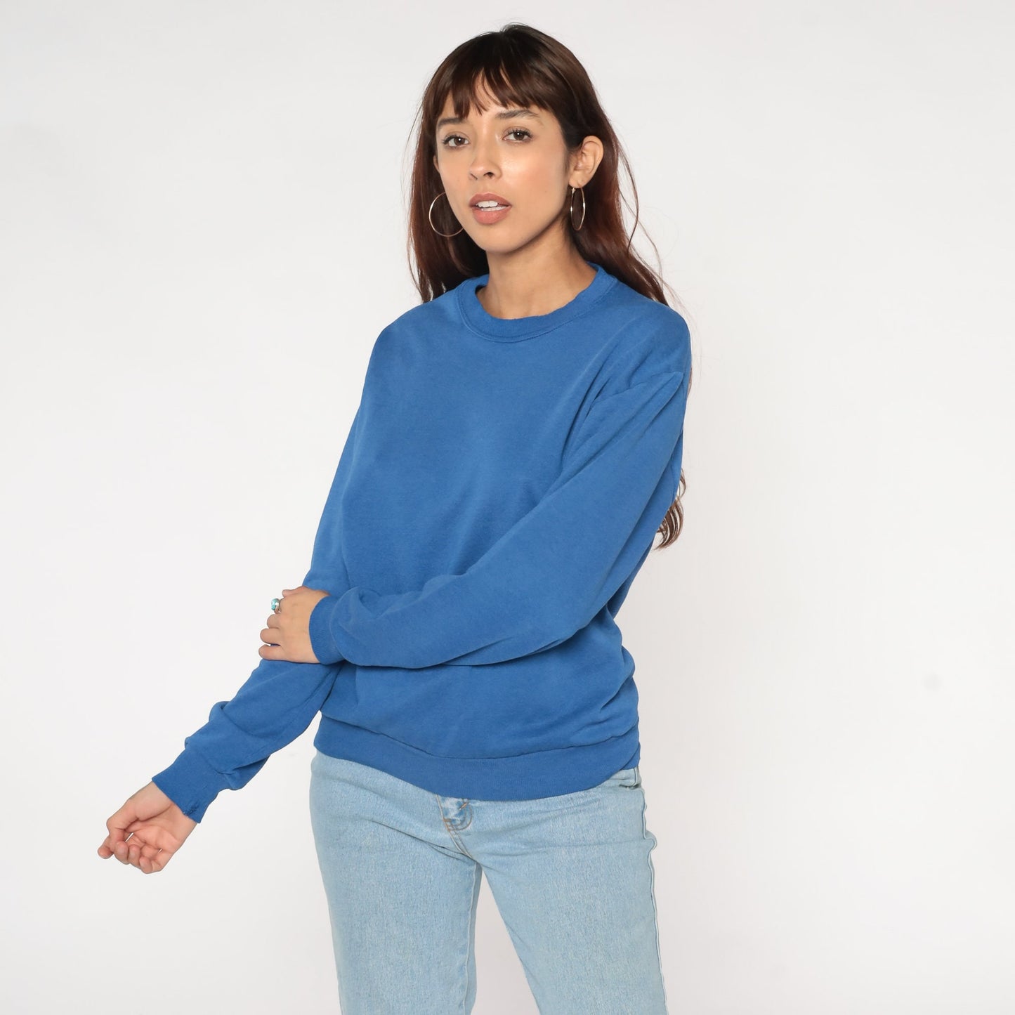 80s Blue Crewneck Sweatshirt Drop Shoulder Pullover Medium M