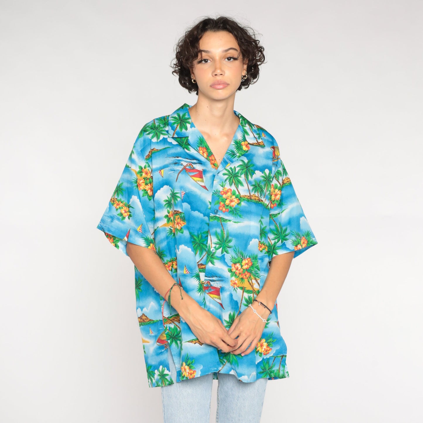 90s Blue Hawaiian Shirt Sailboat Palm Tree Print Button Up Mens XXL