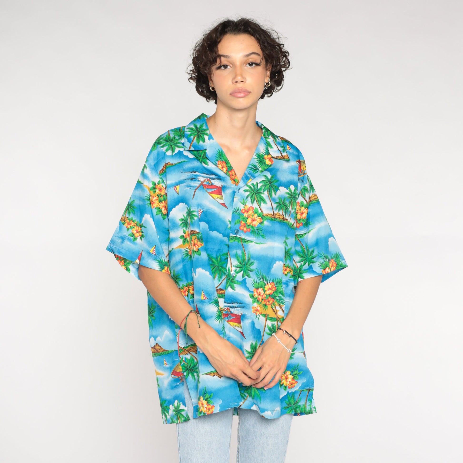 90s Blue Hawaiian Shirt Sailboat Palm Tree Print Button Up Mens XXL