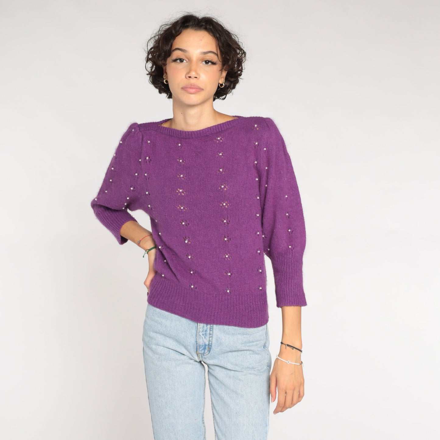 80s Purple Knit Sweater Puff Sleeve Pearl Beaded Cutout Silk Angora Small