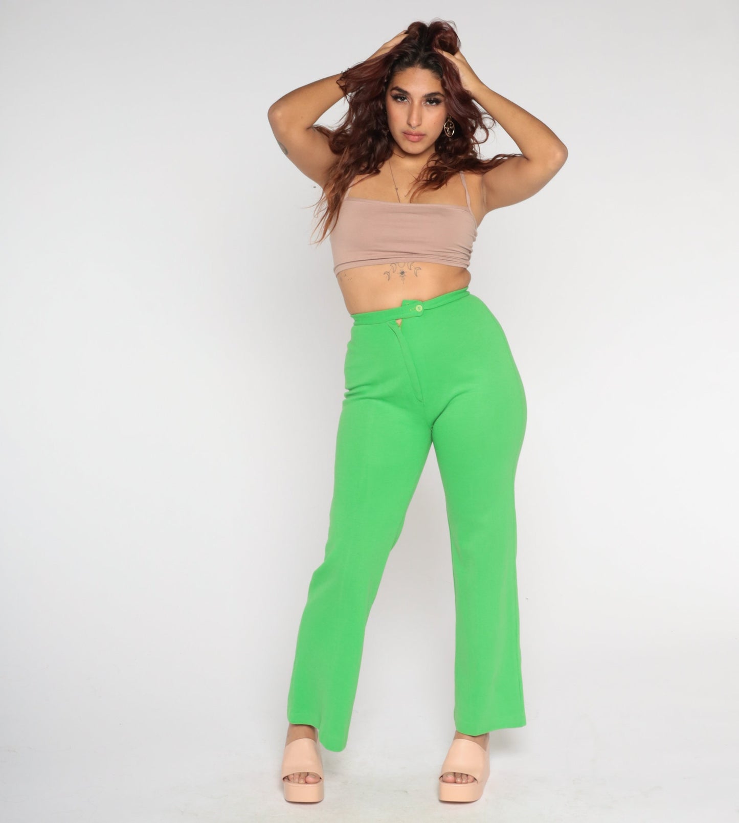 70s Lime Green Bell Bottom Pants High Waist Flared Trousers Small S