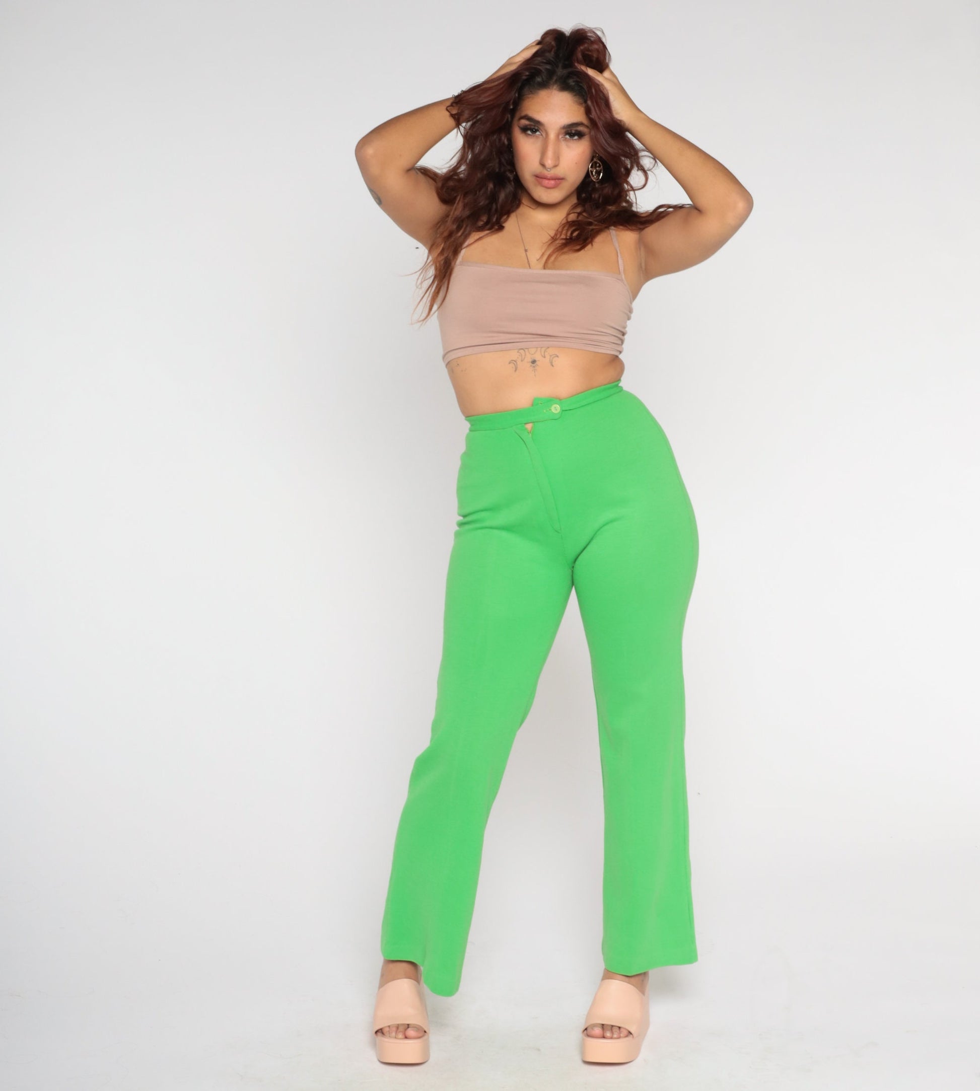 70s Lime Green Bell Bottom Pants High Waist Flared Trousers Small S