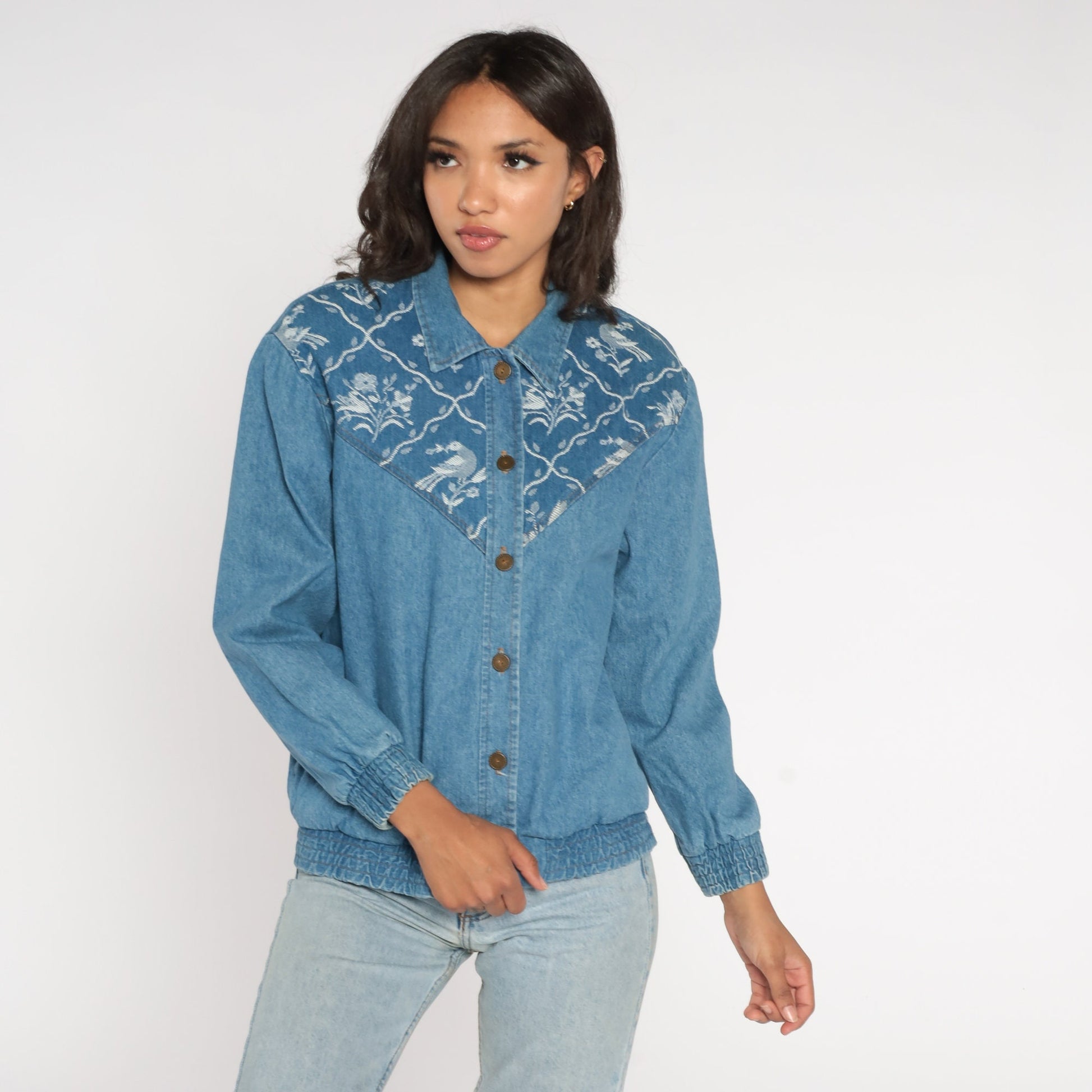 90s Floral Bird Tapestry Denim Jacket Cotton Button-Up Medium