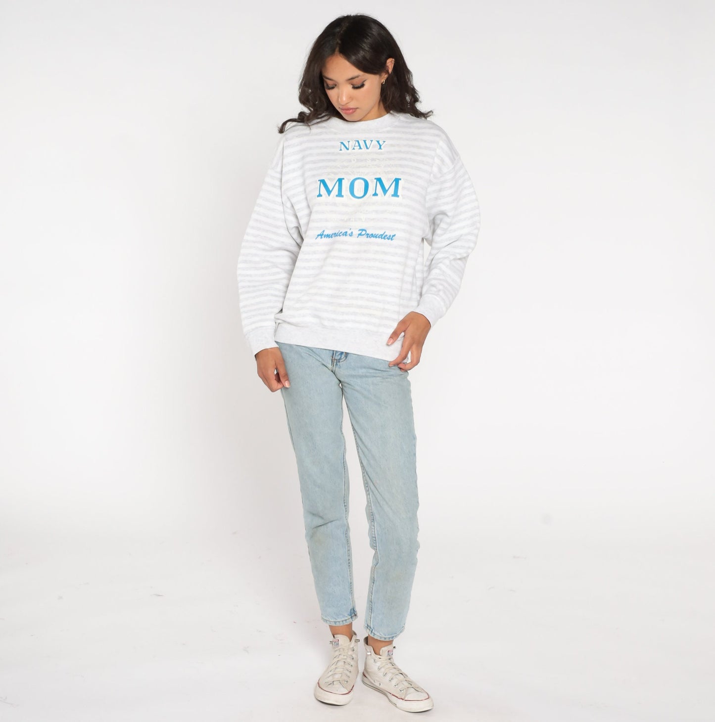 90s Navy Mom America's Proudest Striped Sweatshirt Grey White Crewneck Large