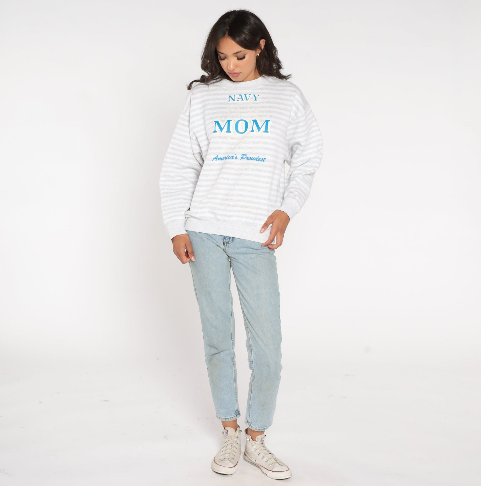 90s Navy Mom America's Proudest Striped Sweatshirt Grey White Crewneck Large