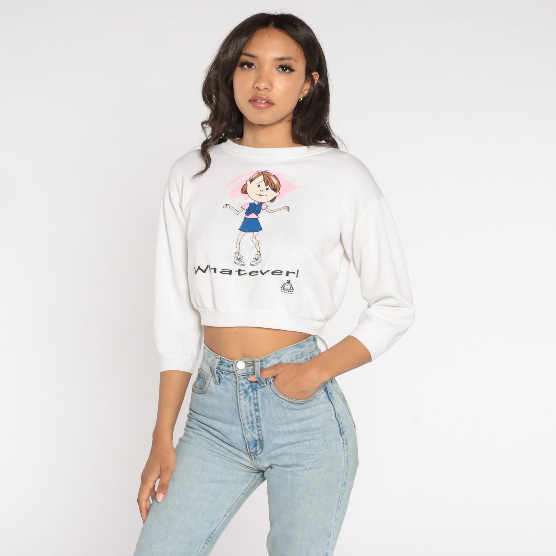 90s Whatever Graphic Cropped Sweatshirt White Sassy Girl Small S
