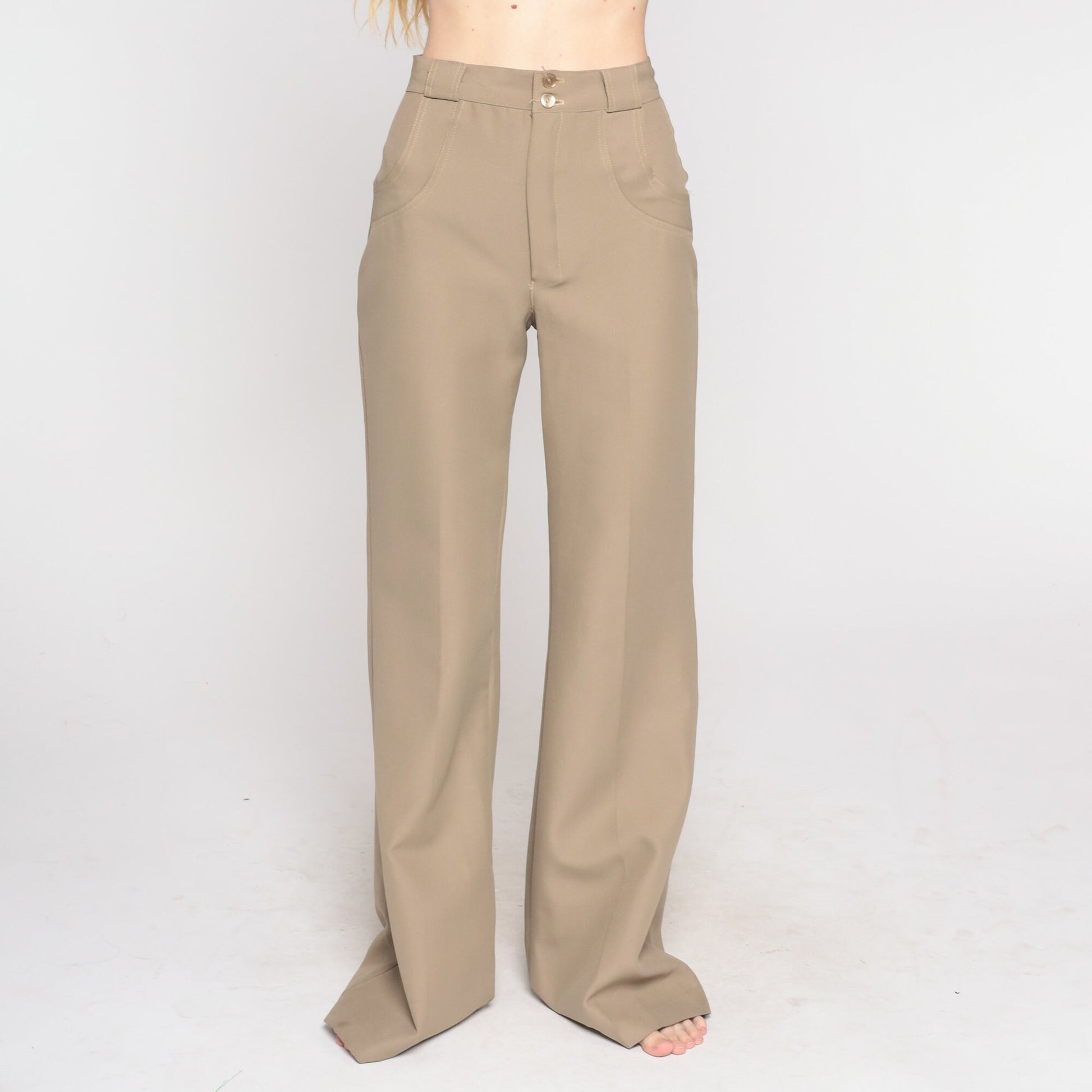 70s Taupe Bell Bottom Pants High Waist Flared Trousers Extra Small