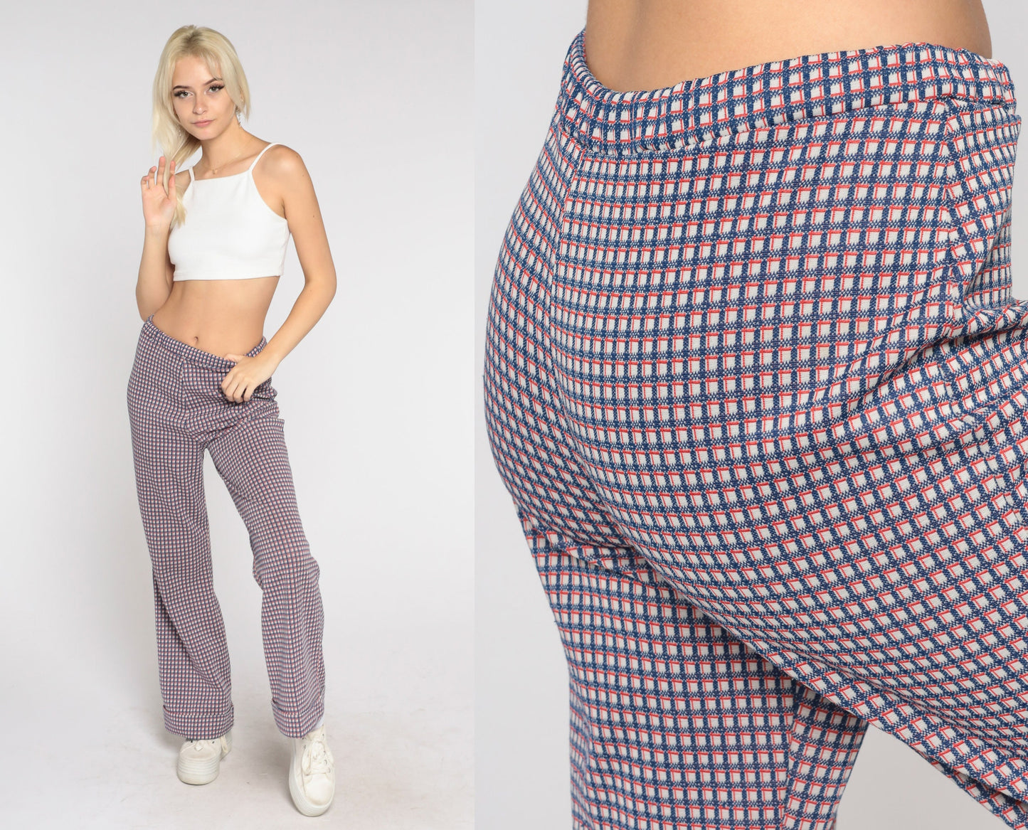 70s Checkered Bell Bottom Trousers Red White Blue High Waist Flared Pants Medium