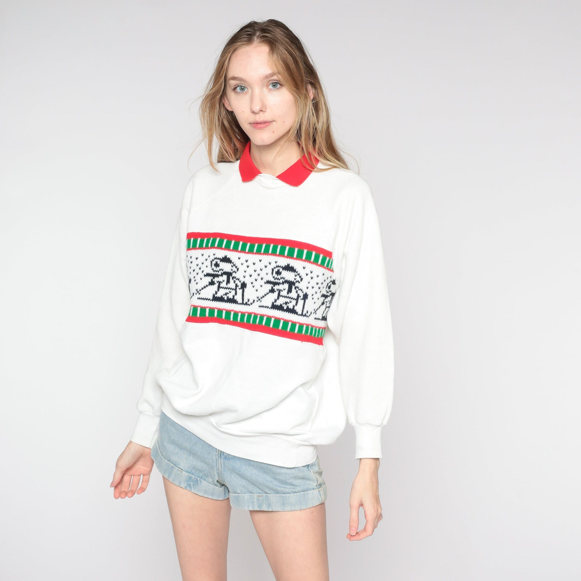 80s Mouse Ski Sweatshirt White Collared Graphic Raglan Large L