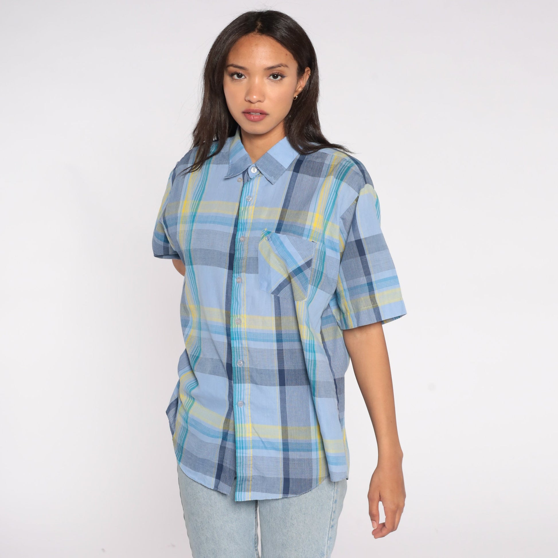 90s Valentino Chemises Blue Plaid Button-Up Shirt Short Sleeve Extra Large XL