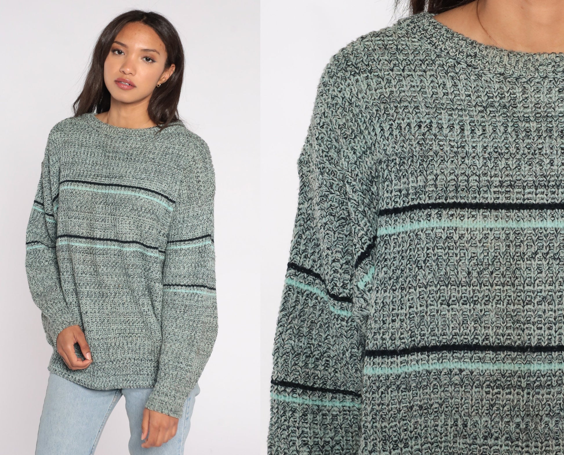 80s Flecked Striped Knit Sweater Navy Aqua Pullover Large L
