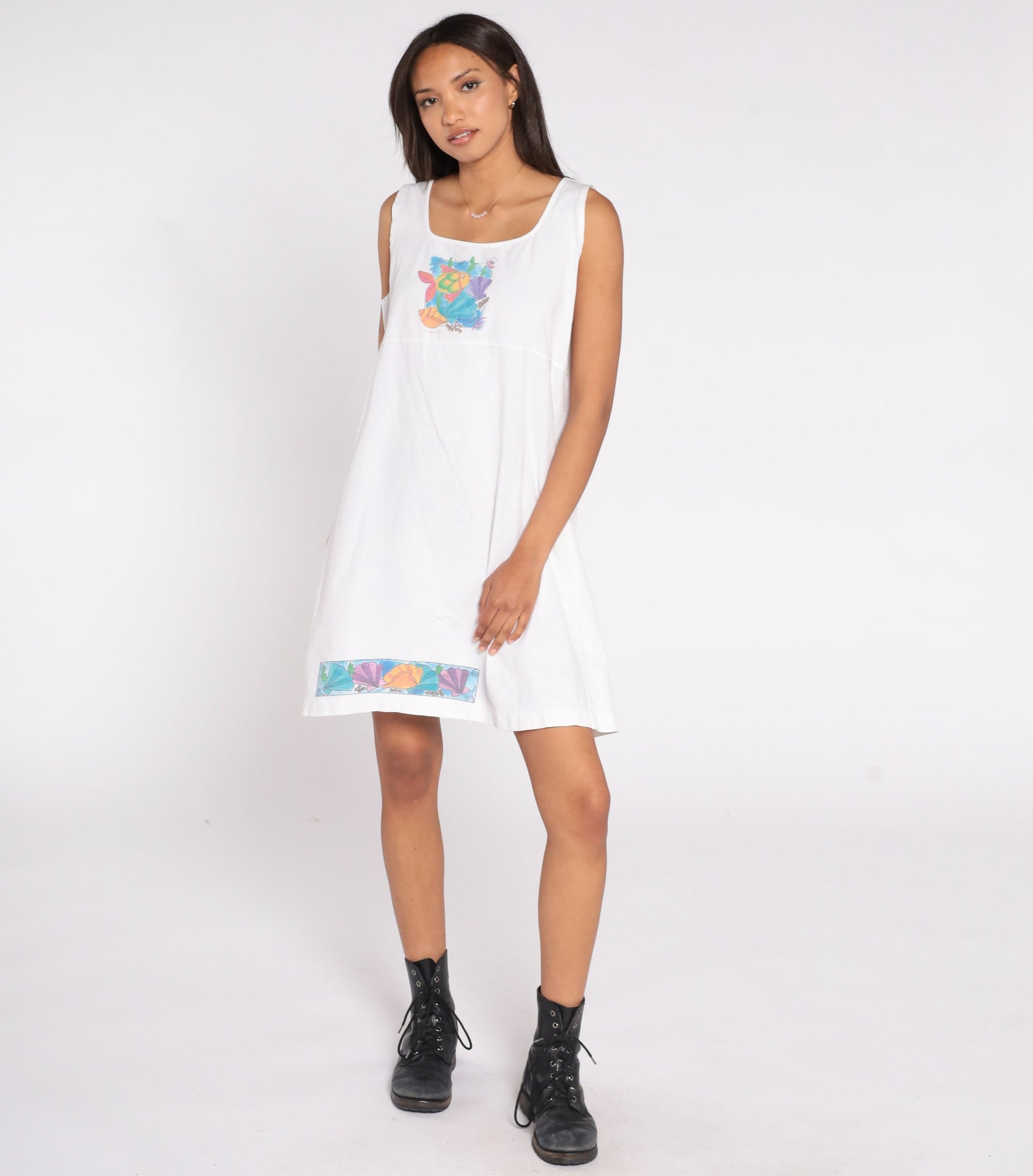 90s Tropical Fish Seashell Tank Dress White Cotton Empire Waist Large
