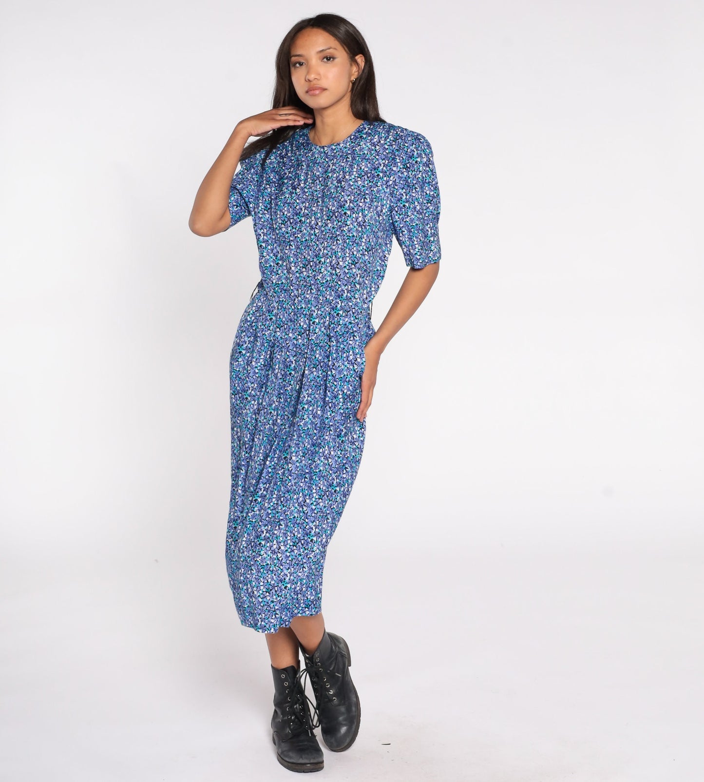 80s Blue Floral Midi Dress Puff Sleeve High Waist Rayon Medium